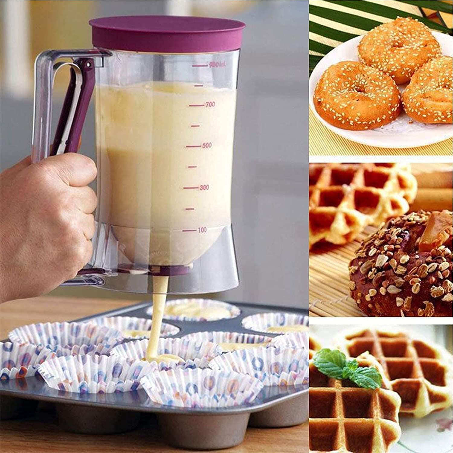 Dozownik do ciasta z pokrywką i skalą, do samodzielnego pieczenia ciasta, do ciast, naleśników, muffinek, 900 ml