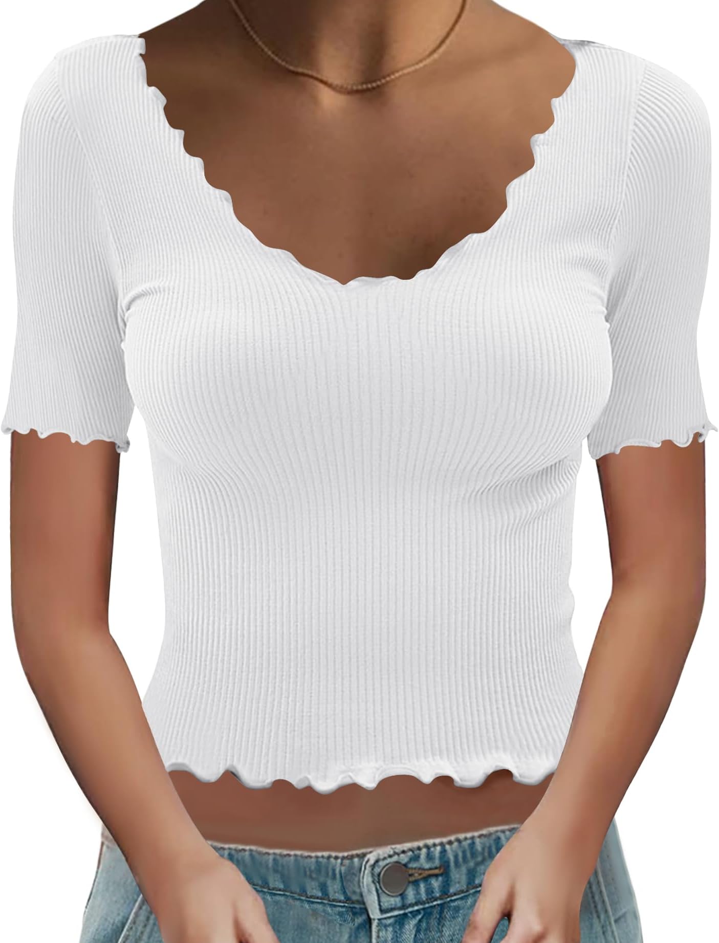 KTILG Womens Short Sleeve Crop Tops Ribbed Knit Scoop Neck Basic Fitted Ruffled Lettuce Trim Slim Summer Shirts