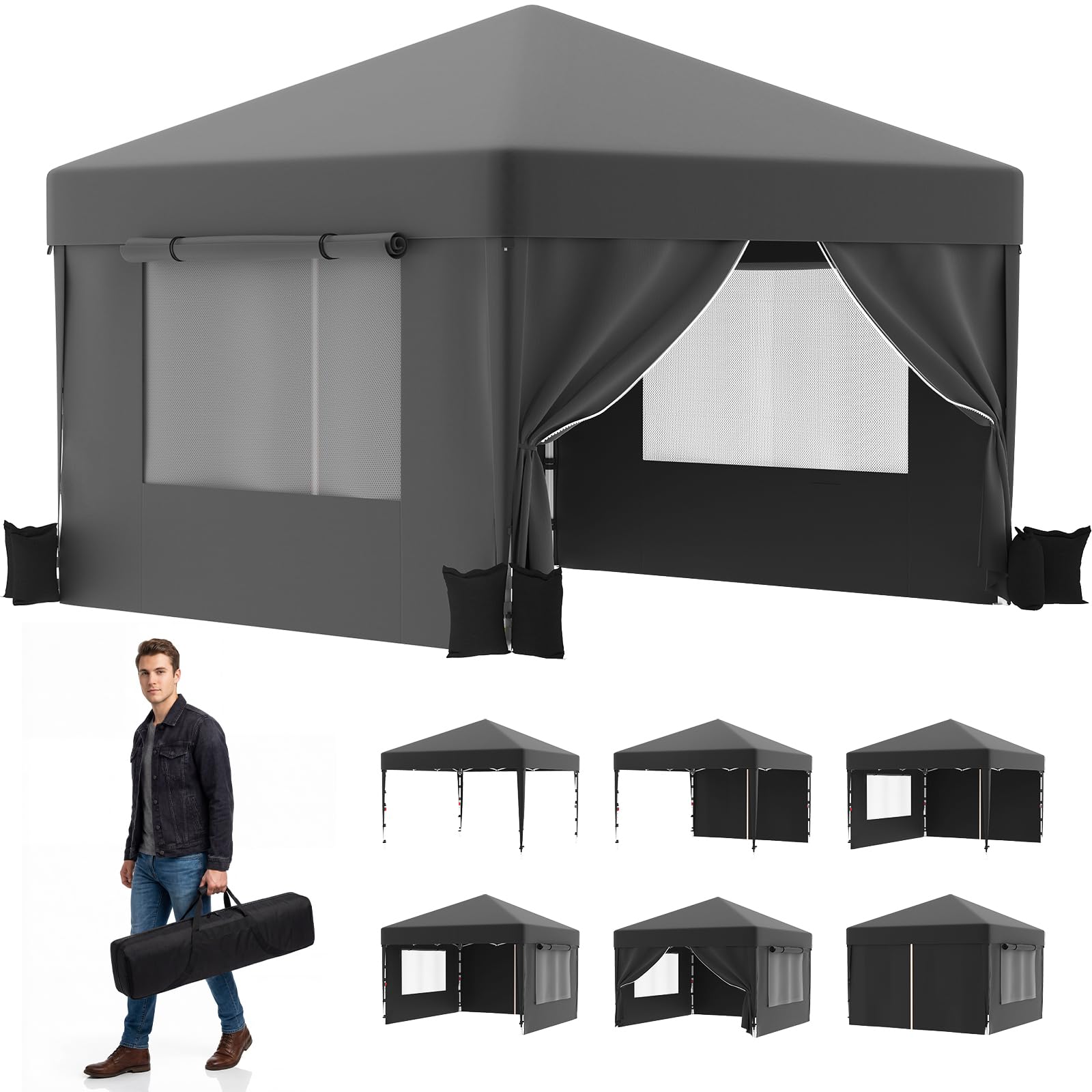 JUMMICO Gazebo 3x3 Pieghevole Impermeabile｜Zanzariera Arieggiata Anti-Insetti｜Robusto, Durevole, Impermeabile e Anti-UV｜Installazione e Rangement Rapidi｜Ideale per Cortile, Campeggio e Altro｜Grigio