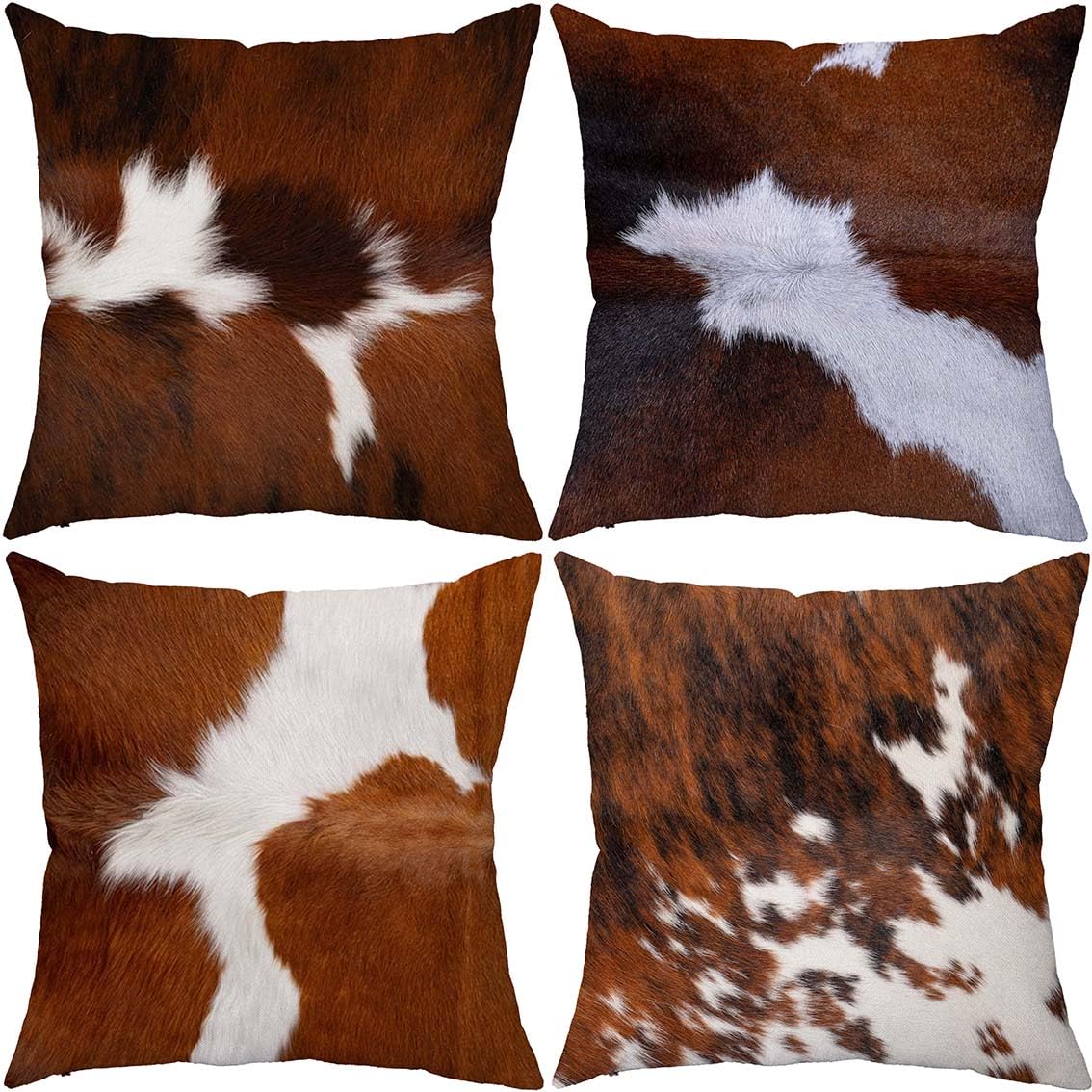 Photo 1 of ZHLF Set of 4,Brown White Cowhide Pattern Decorative Throw Pillow Cover Rustic Animal Skin Pillowcase Farmhouse Cozy Cushion Case Decor for Sofa Couch Bed 18"x18"/45x45cm