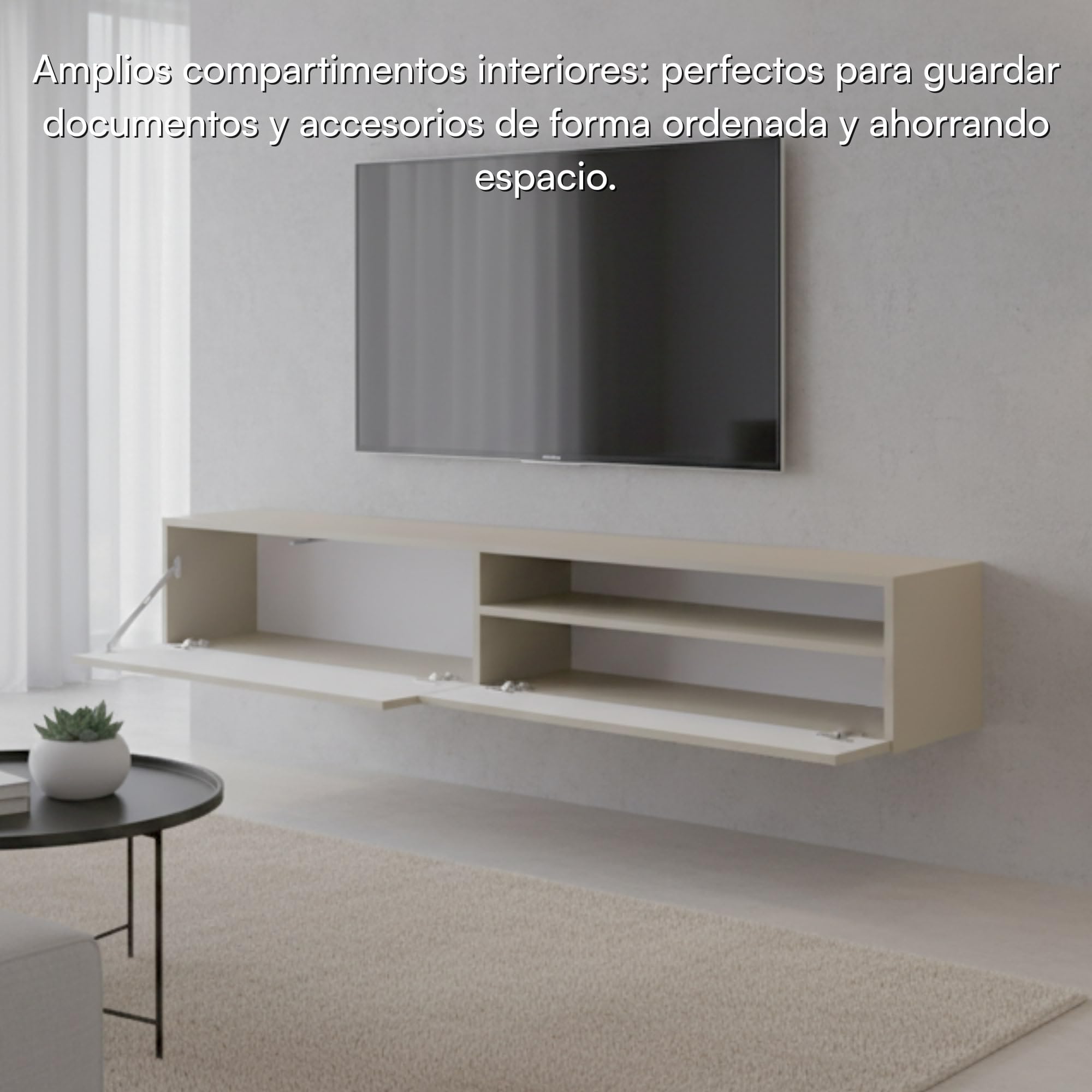 Selsey Mueble De TV Mesa De TV 175 cm Suspendido con Compartimento Abierto Fachada Fresada Gris Beige Veldio