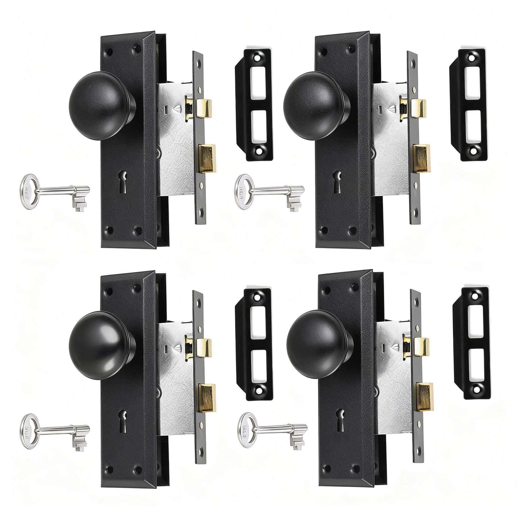 Mortise Lock Set for Interior Door - Vintage Matte Black Antique Door Knobs with Lock & Skeleton Key, Fits 1-3/8" to 1-3/4" Door Thickness, Perfect for Replacing Old Lock Sets (4)