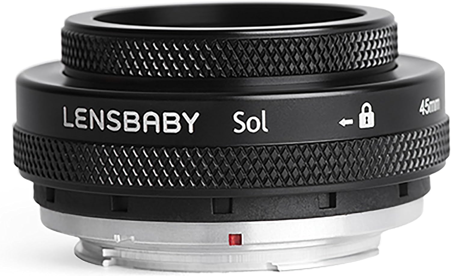 Lensbaby Sol 45 lens in a neutral, non-tilted position, showing the 'Sol' branding and 45mm marking.
