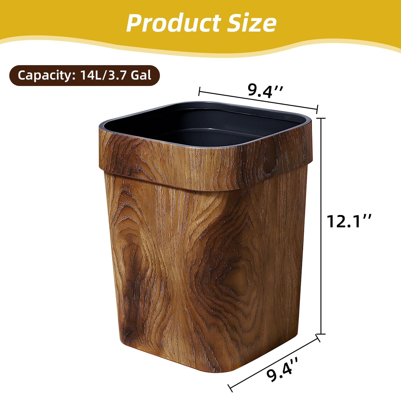 Holzmaserung Abfalleimer 10 Liter – Nordisch, Haustiersicher, Offenes Design Für Drinnen & Draußen, 25,4x25,4x30,5 Cm