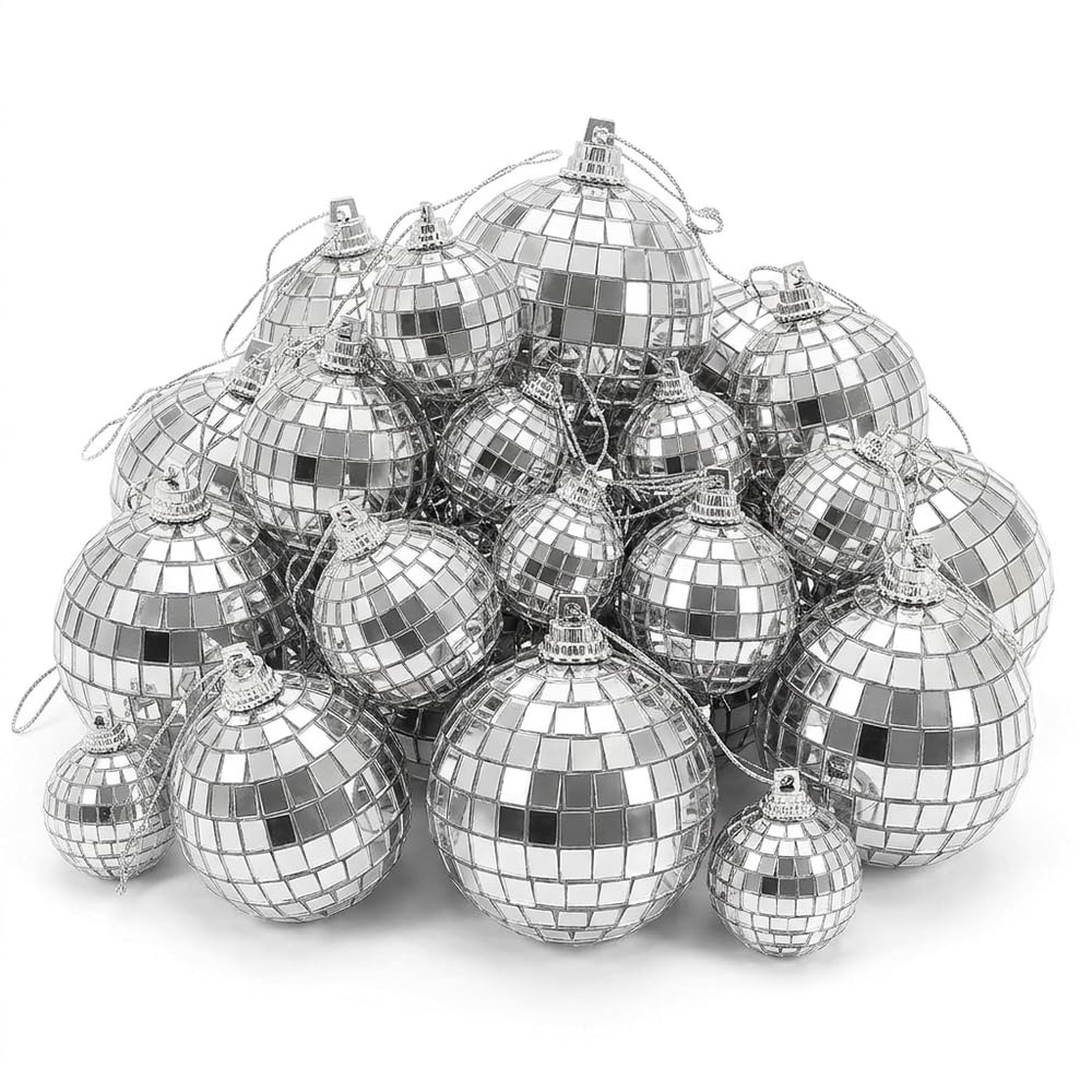 30 Pack Mini Disco Ball Decorations, 1.2 In Mirror Ball Set with Hanging Strings, Silver Glitter Ball Ornaments for Wedding, Birthday, Dance Floor, Christmas Tree and Club Decor