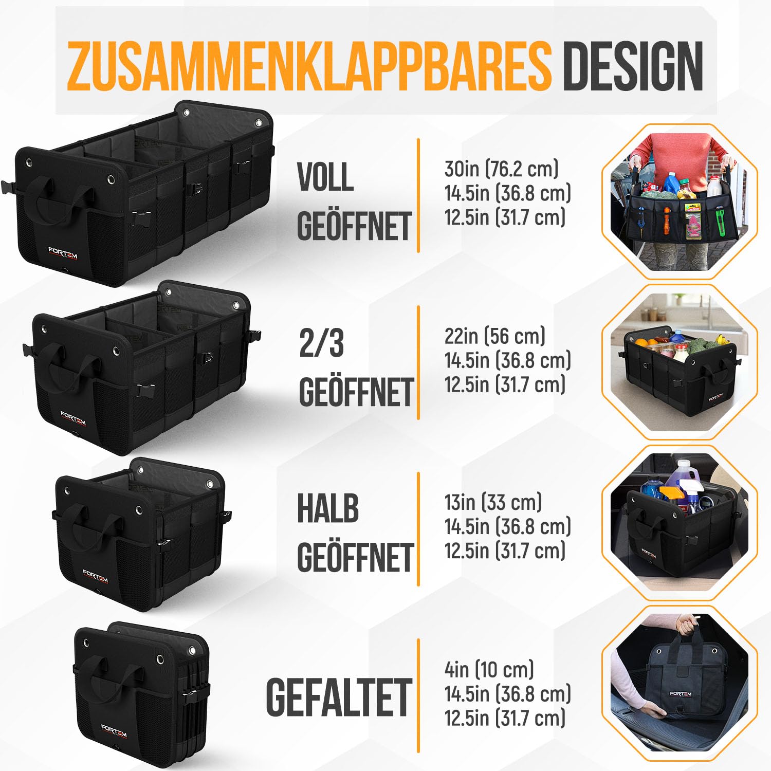 FORTEM Kofferraum Organizer, Zusammenklappbarer Auto Organizer mit Fächern, Rutschfester Boden, Verstellbare Sicherungsriemen, Klappbarer Deckel (90L)