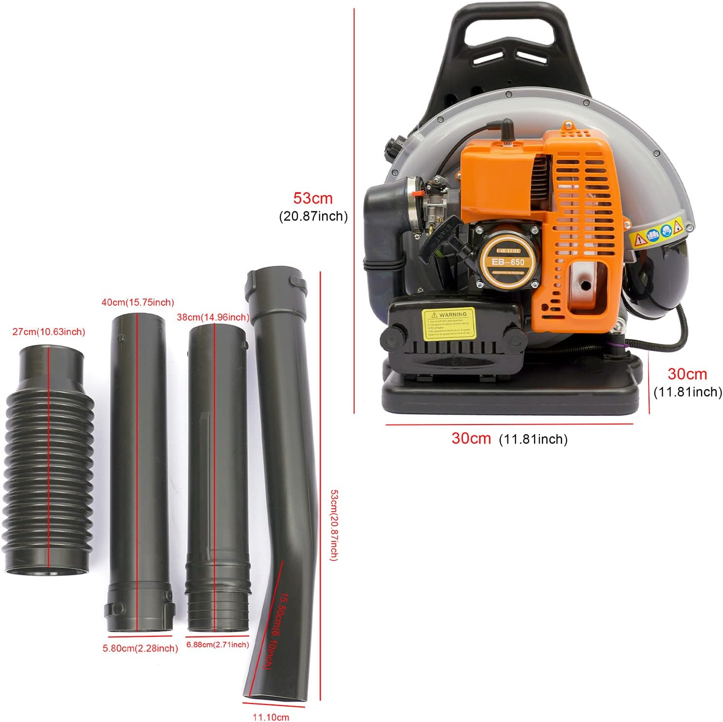 Backpack Leaf Blower Gas Powered with 1.7L Fuel Tank, 2.7KW 65CC 2-Stroke 6800r/Min, Adjustable Air Duct, Detachable and Ergonomic Design