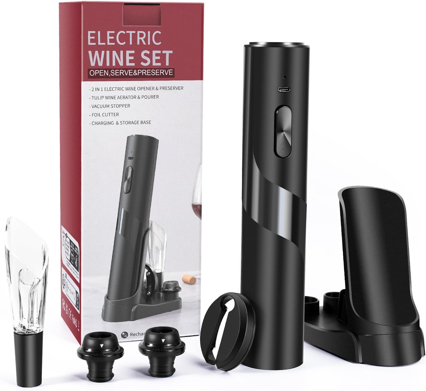 SOPPY Rechargeable Electric Wine Opener Gift Set with Electric Vacuum Pump, Charging Station, Foil Cutter, Aerator Pourer and 2 Vacuum Stopper