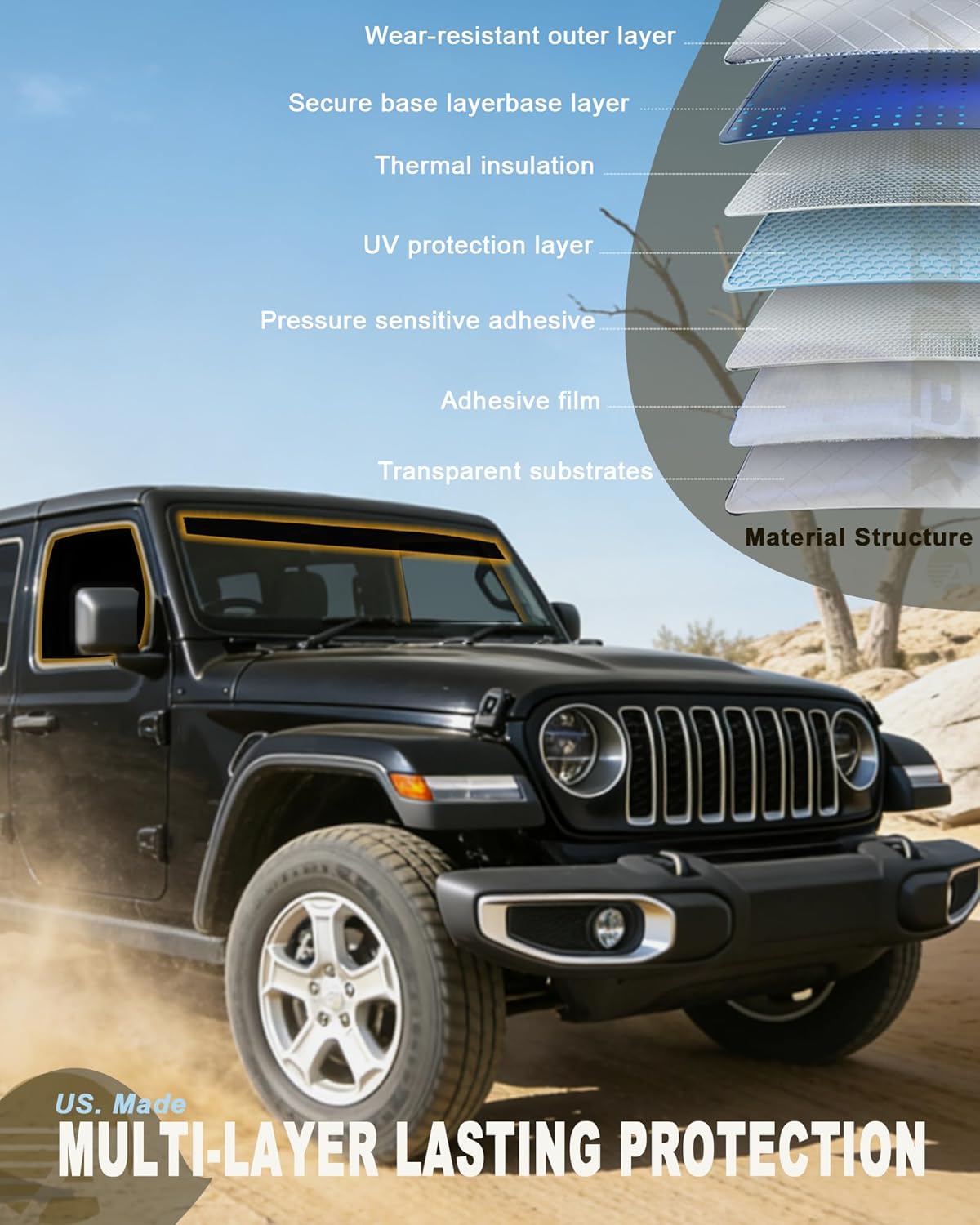 Precut Window Tint Kit for Jeep Wrangler 4 Door 2018-2026, UV Block Sunshade Privacy Protector Film (Included: 1 Extra-Dark Sun Strip and 20% VLT Tints for All Side Windows and Rear Windshield)