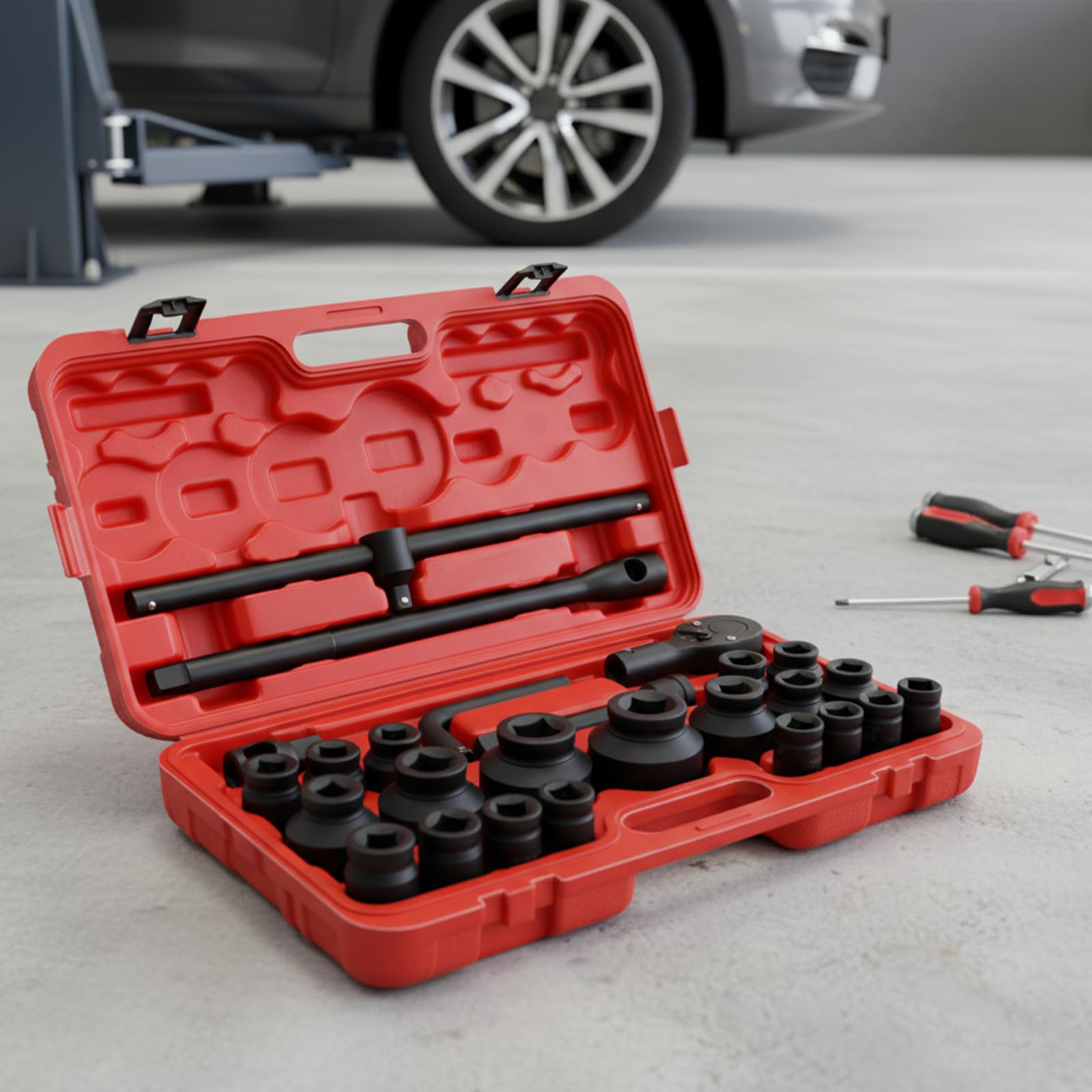 Jeu de douilles 3/4" et 1", Coffret Douilles À Choc Pouce 26 Pièces, Jeu Profondes 6 Pans 21-65Mm, Coffret à douilles pour voiture, Acier Carbone 45 Trempé, Mécanique Auto Camion Poids Lourd