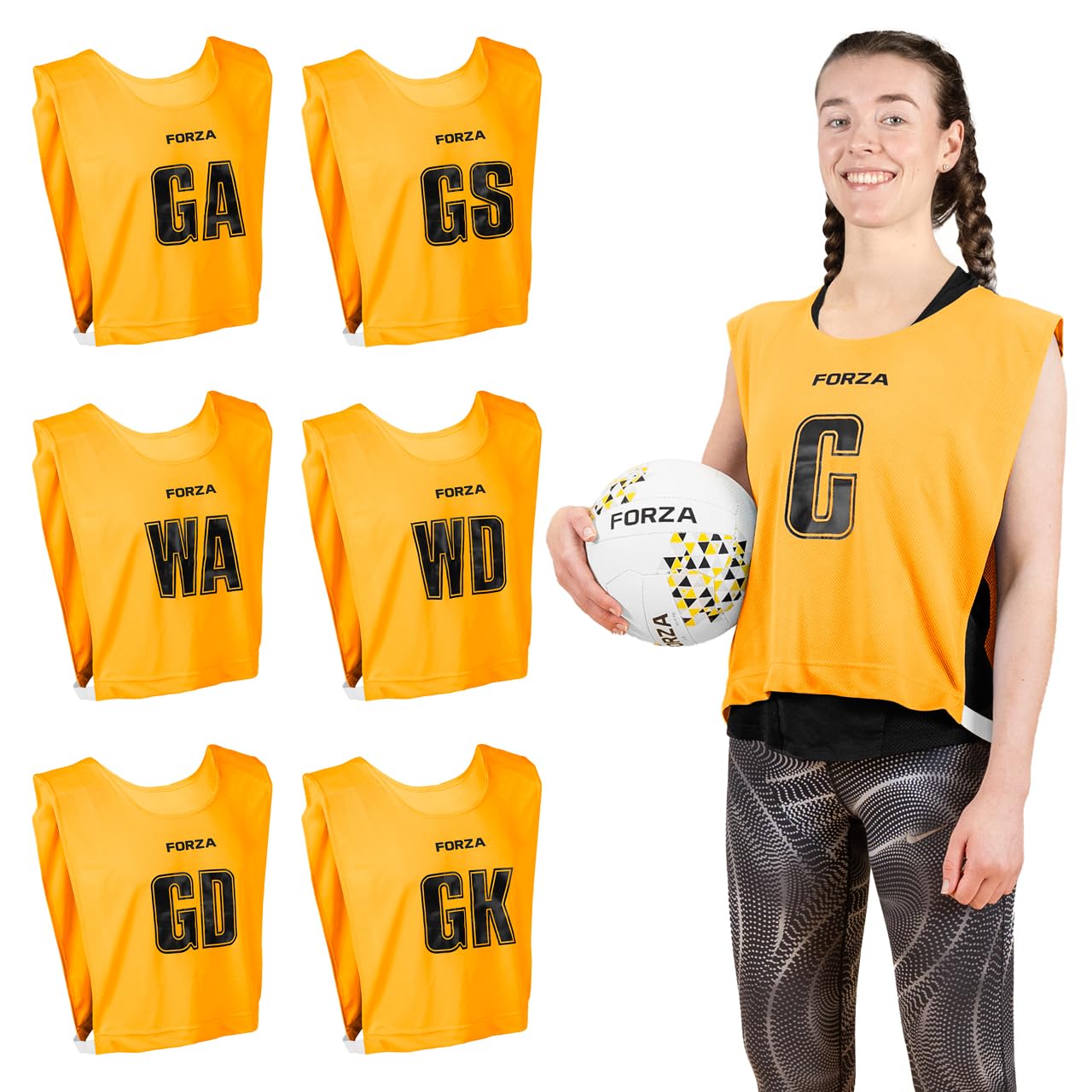 FORZA Pro Netball Bibs [7 Pack] | Full Netball Player Position Bib Pack Available in 7 Colours - Breathable and Comfortable Bibs for Schools & Clubs (Yellow, Medium)