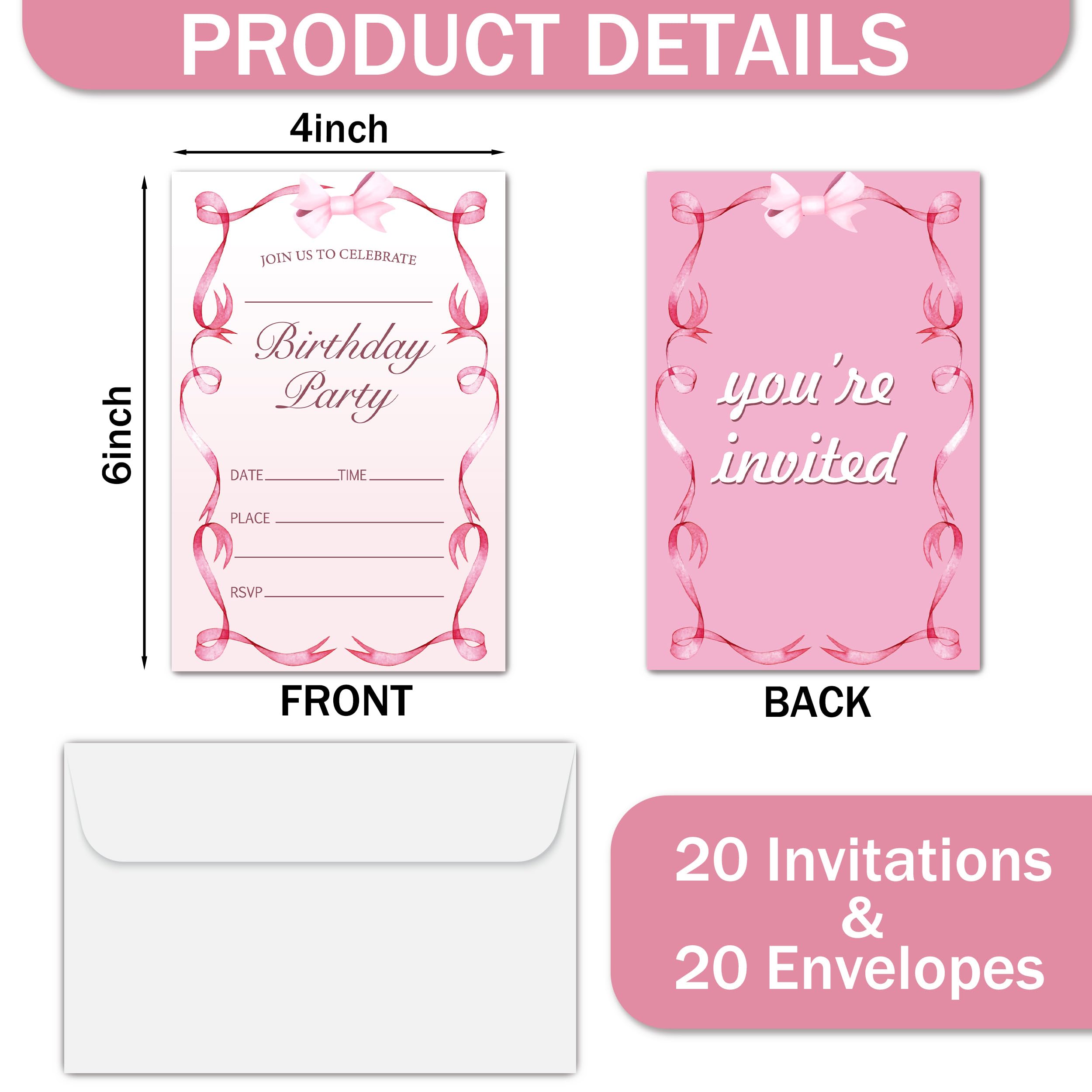Cartes d'invitation à fête d'anniversaire avec nœud rose pour garçons et filles, cartes d'invitation modernes pour fête d'anniversaire décorations et fournitures, 20 invitations double face à