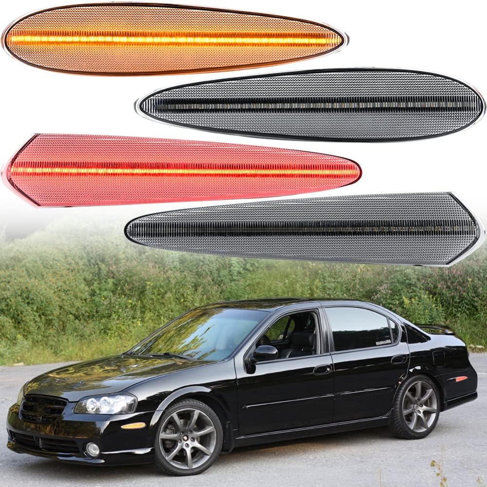 4Pcs Full LED Amber/Red Front/Rear Side Marker Lights for Ni.ssan Maxima 2000 2001 2002 2003 Indicator Turn Signal Light Replace OEM Side Marker Lamp Clear Lens