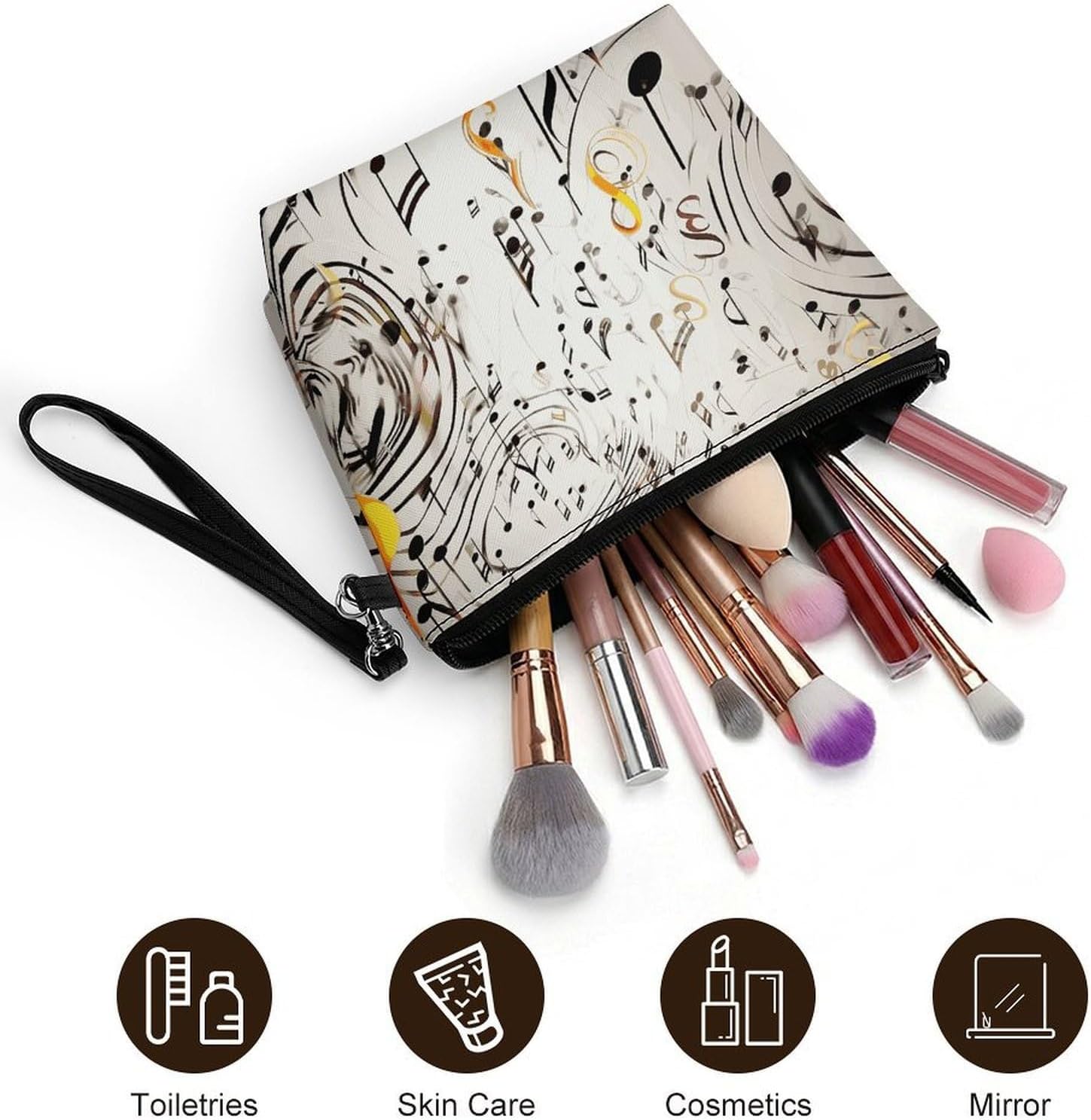 Music Notes Print Makeup Bag for Travel, Large Capacity Toiletry Bag with Zipper, Leather Cosmetic Organizer Bag, Waterproof Cosmetic Storage Case with Hook, Makeup Case image 5