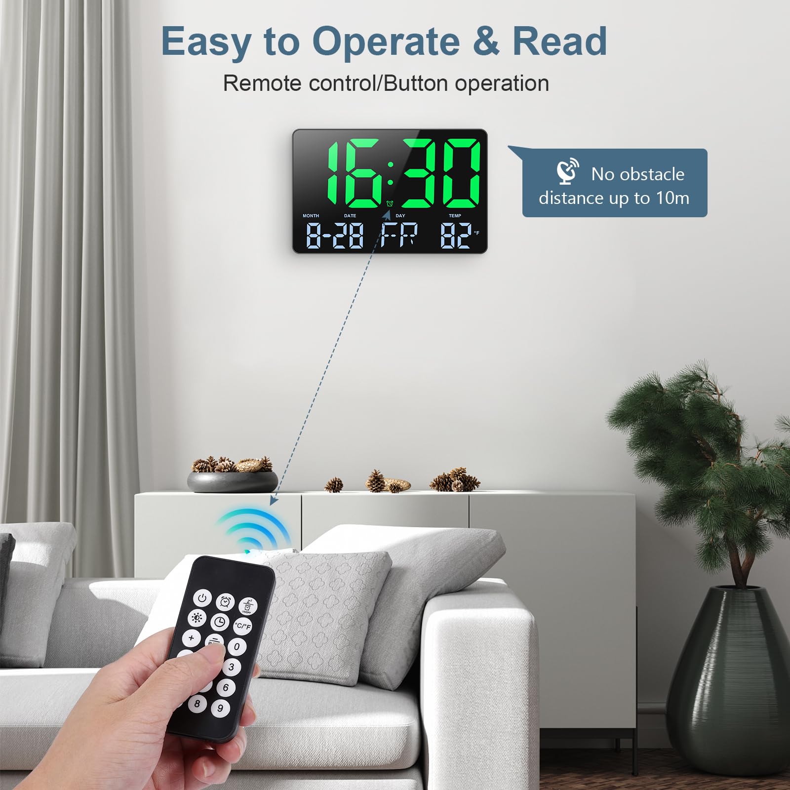 Ankilo Large Digital Wall Clock with Remote Control,11.5" LED Large Display Clock with Adjustable Brightness,12/24H, Calendar - Image 2