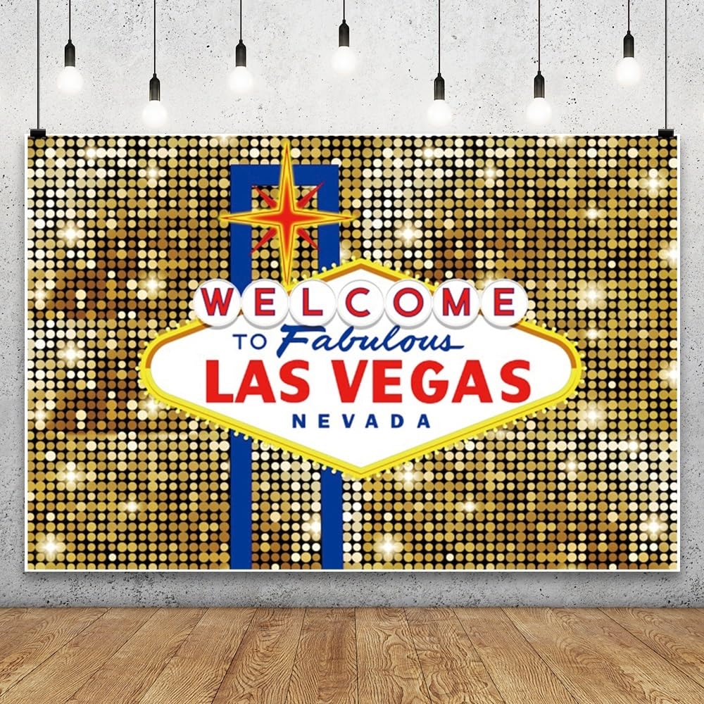 3x2,5m Las Vegas Telón de Fondo Lentejuelas de Oro Bienvenido a Las Vegas Fotografía de Fondo Fabuloso Casino Cumpleaños Fiesta de Lujo Telón de Fondo Retratos Foto Estudio Atrezzo