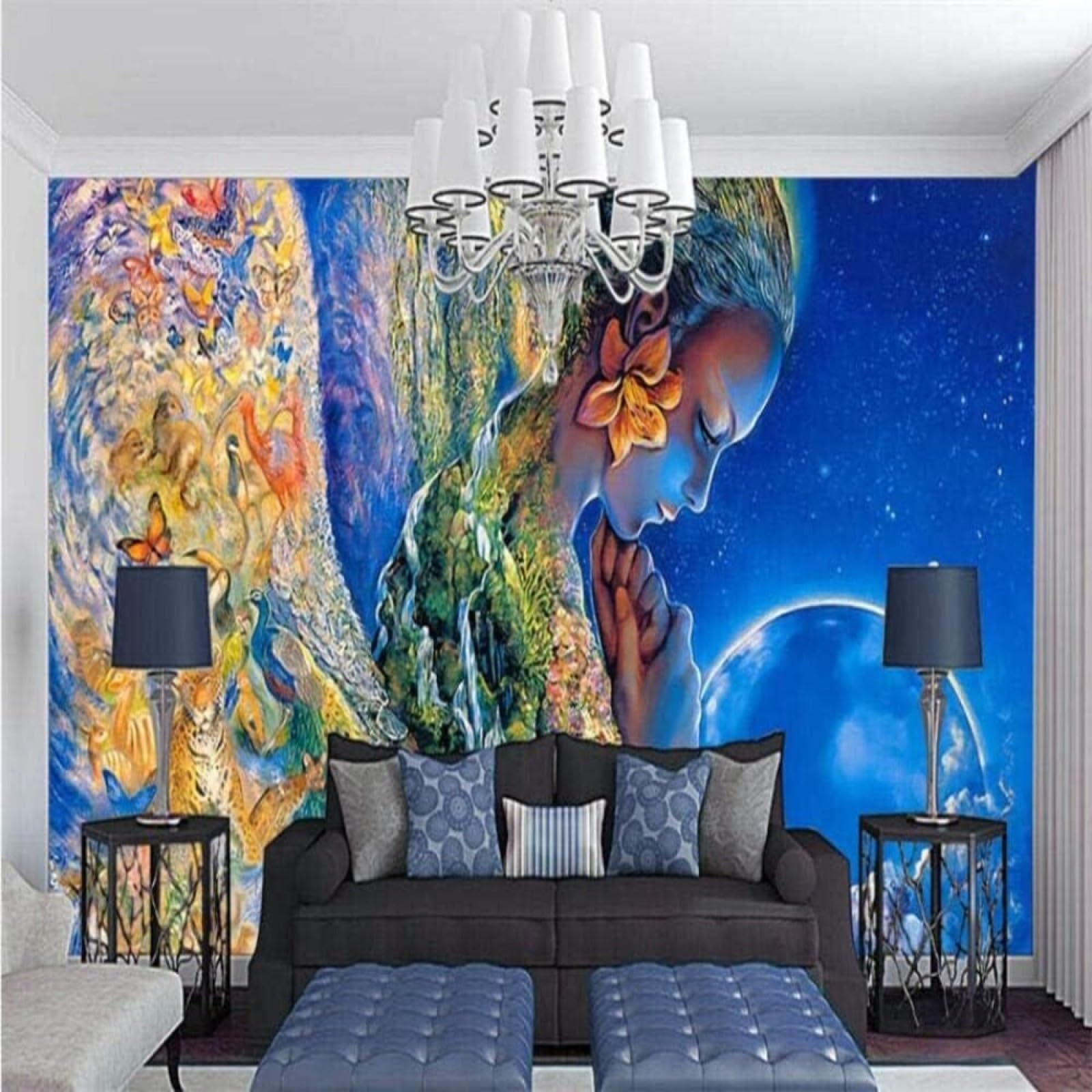 Papel pintado 3D abstracto con diseño de luna y animales de 350x256 cm