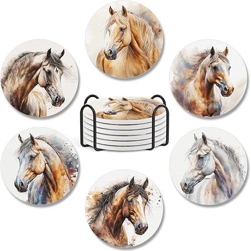 Paquete de 6 posavasos de cerámica de caballo con base de corcho, regalos de inauguración de la casa para mujeres y adultos, mesa de café,
