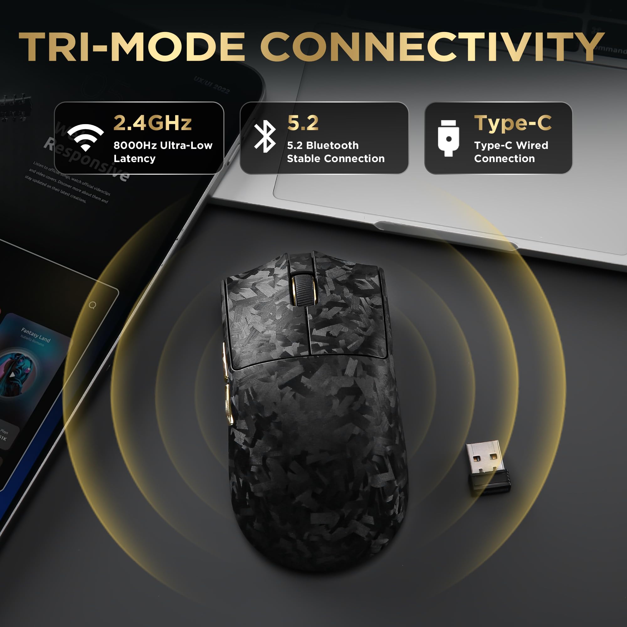 YUNZII M2 Mouse Wireless Gaming Doppio 8K, PAW3395, 6-Level DPI (Nero) | Fino 30000 DPI, 65g, Vernice Effetto Fibra di Carbonio, Personalizzazione Tramite Software, USB-C/BT/2,4 GHz, Batteria 500mAh