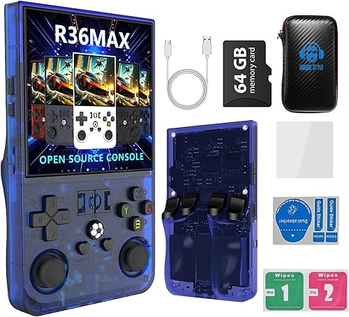 R36MAX - Consola de juegos retro portátil recargable de 4000 mAh, cómoda consola de juegos retro antideslizante de mano con auto 64G TF, pantalla de