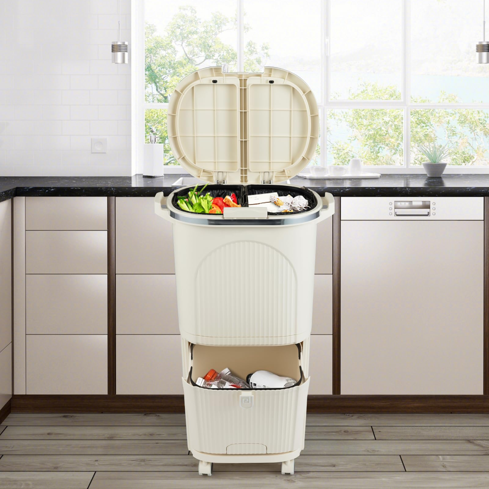 LIFEZEAL Cubo de Basura Reciclado de 38 L, de Plástico Beige, Diseño Vertical de 2 Capas con Pedal Oculto, Tapa a Presión, Ruedas con Frenos y Compartimentos para Clasificación de Residuos (Beige)