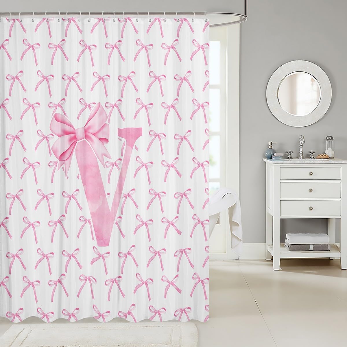 Manfei Cartoon Bowknot Kids Shower Curtains,Pink Bow Tie Letter V Knot Princess Girls Women Bathroom Curtains,Watercolor Bow Patchwork Pink White Waterproof Curtains,12 Hooks Suits,72" W x 78" L