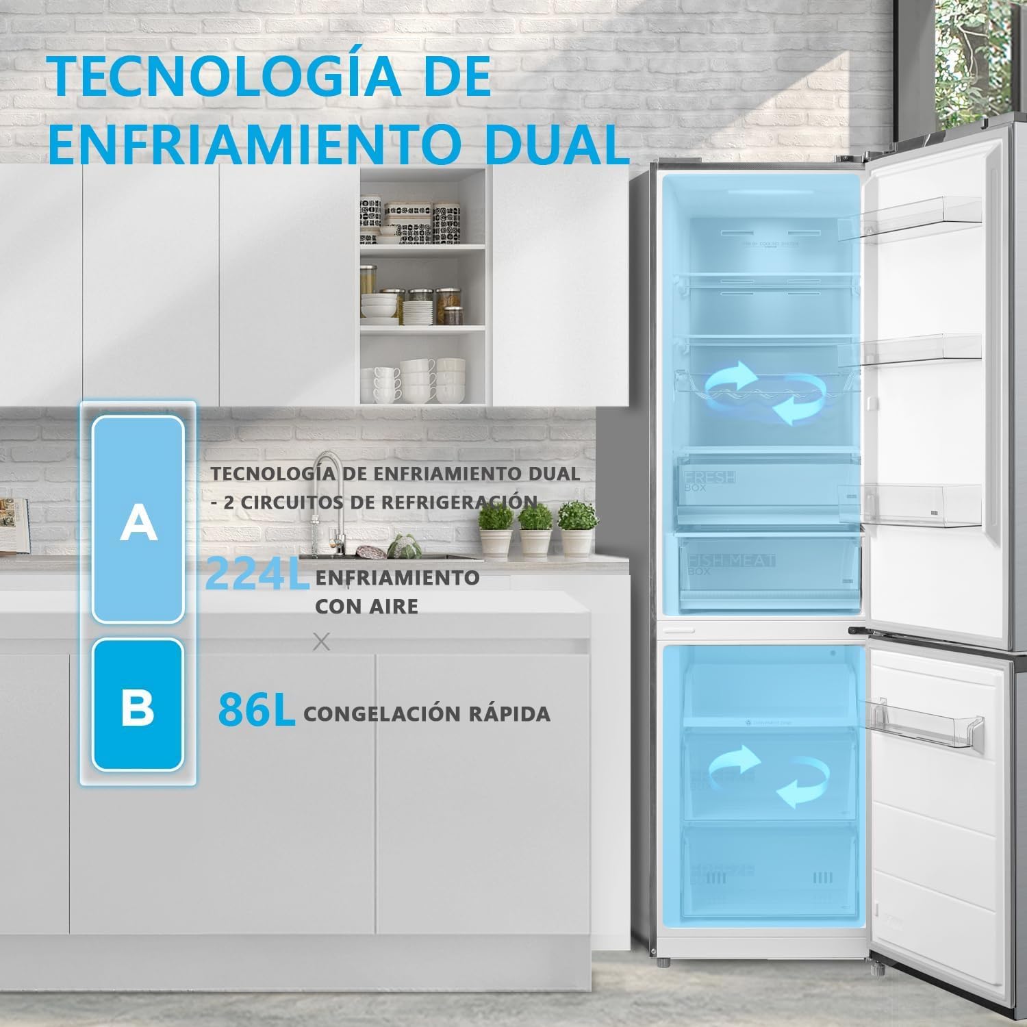 Midea Frigorífico Combi No Frost | 59,5 cm ancho x 188 alto cm | Blanco | Nevera combi libre instalación 224 L + 86 L Congelador - Refrigerador de bajo consumo con congelador vertical No Frost