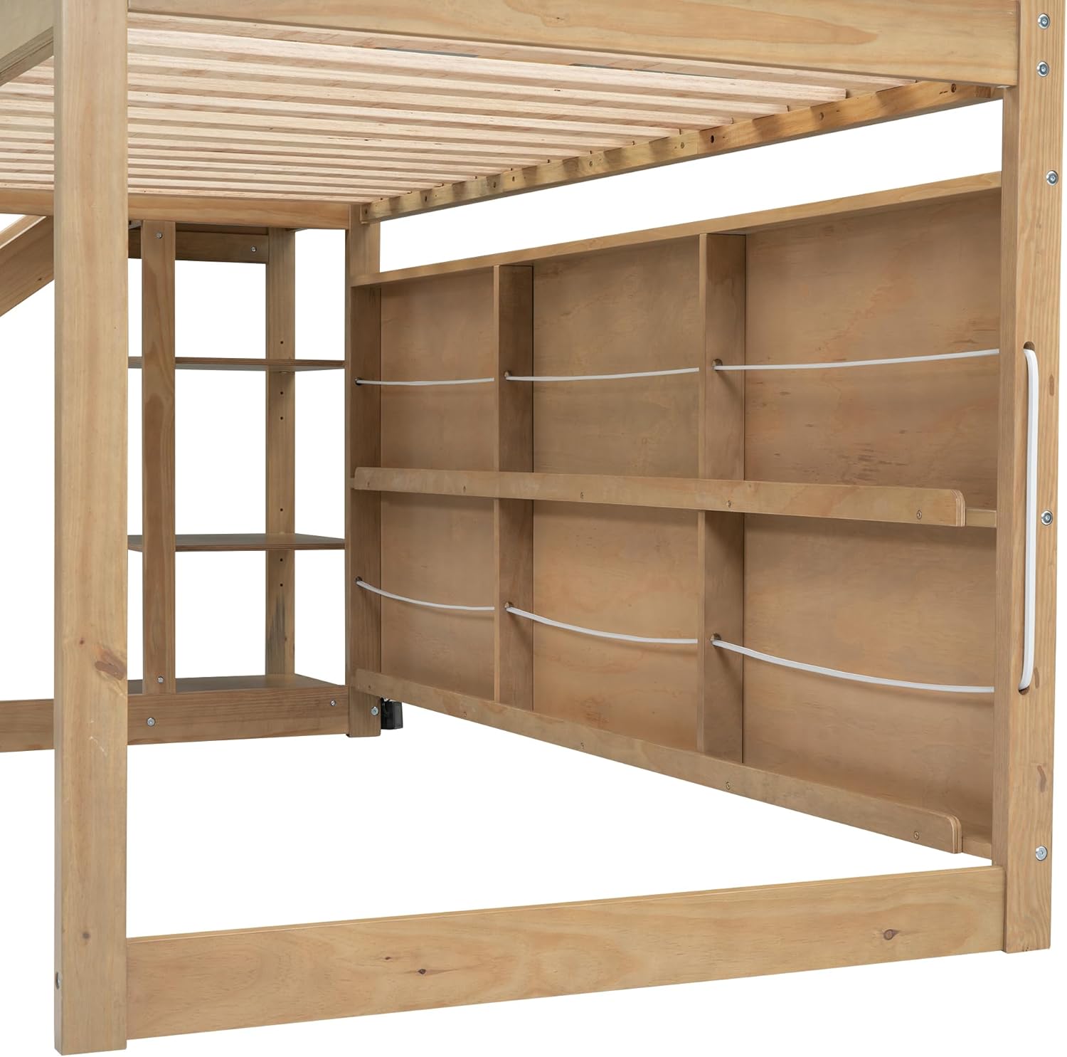 Kids Twin House Loft bed with Slide, Storage Shelves and LED Light, Wood Twin Low Loft Bed with Guardrail and Ladder, Twin Playhouse Bed for Kids Teens Boys & Girls, Wood Color