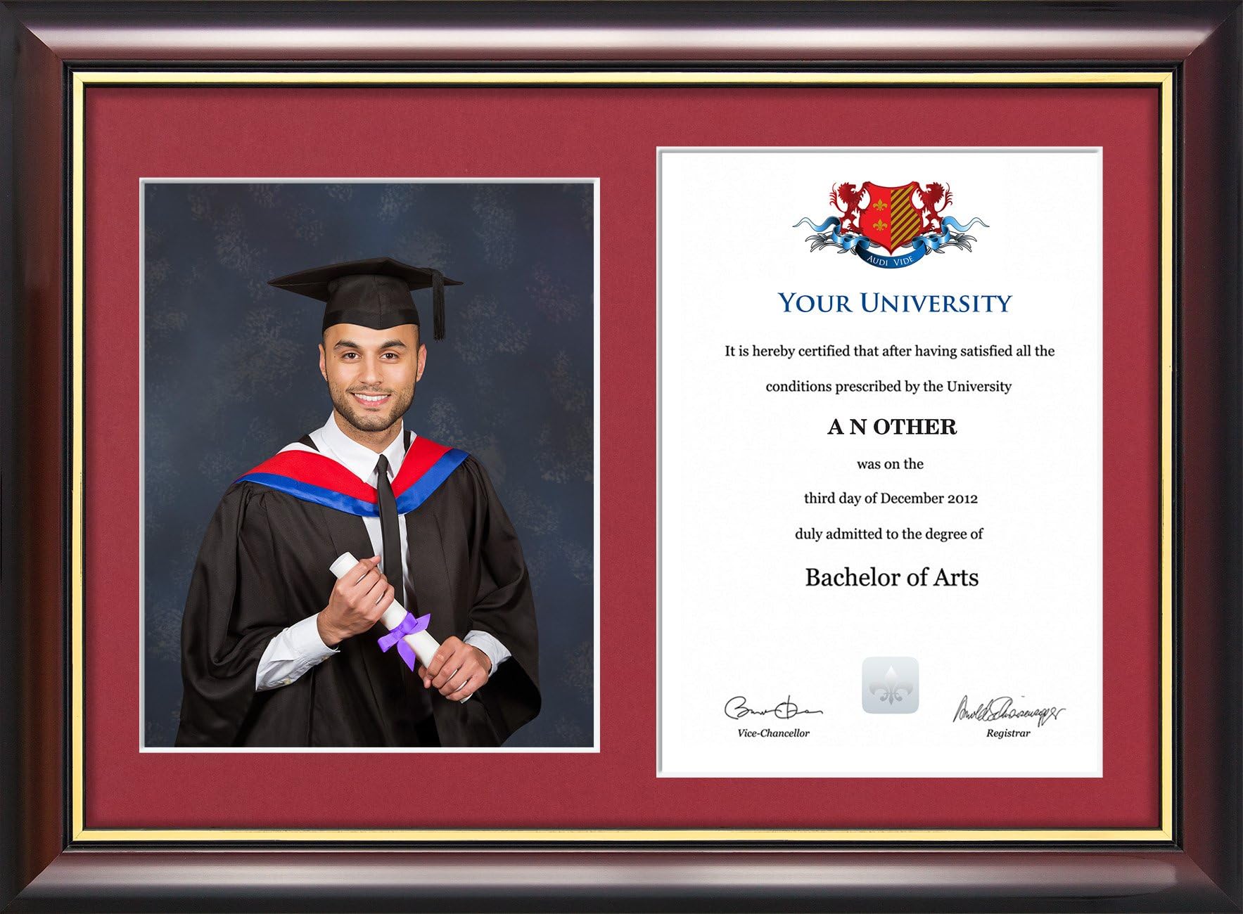 Dual Graduation Certificate and Photo Frame - Traditional Wood Style with Glass Front, Diploma Document & Picture Holder (Maroon)