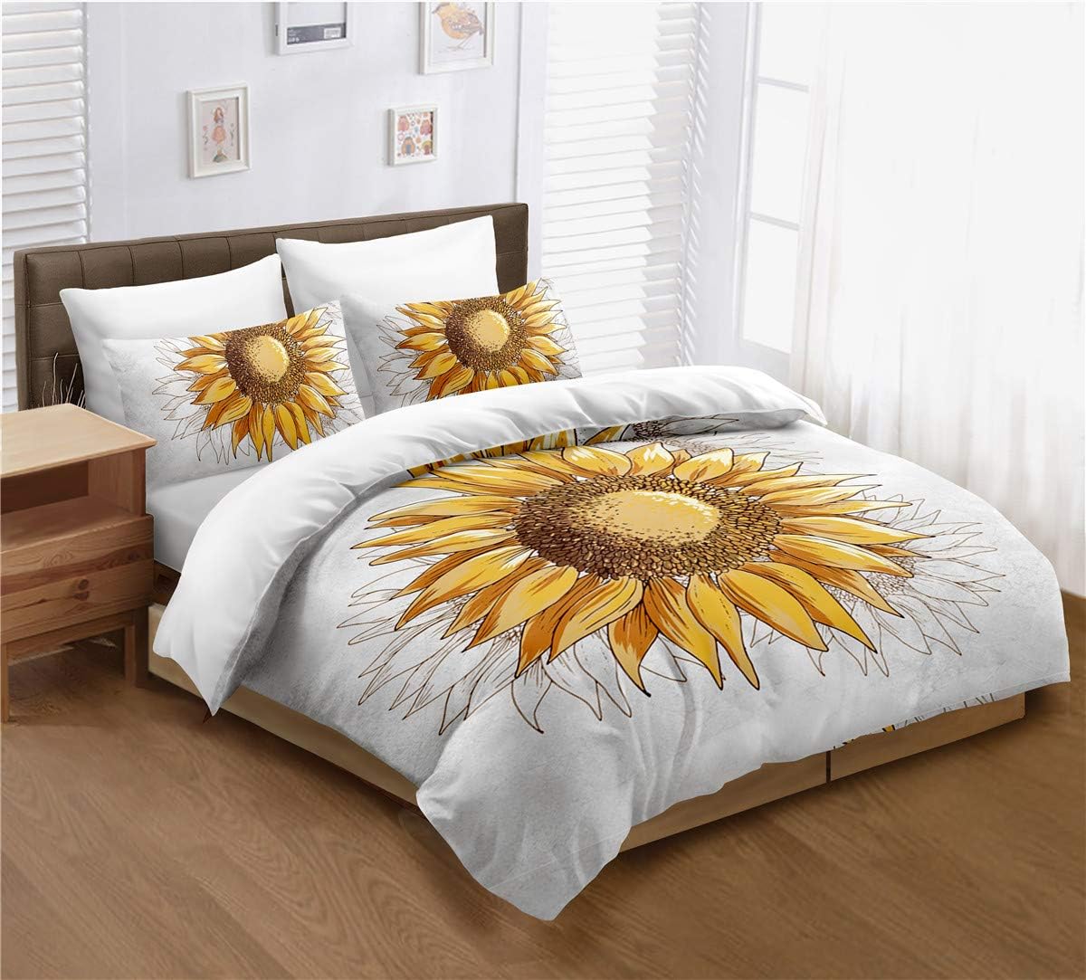 Sunflower Duvet Cover Set Twin Size, Yellow Sunflowers Painting Effect and in Minimalistic Design Artwork, Decorative 2 Piece Bedding Set with 1 Pillow Cases, Modern Style for Men and Women