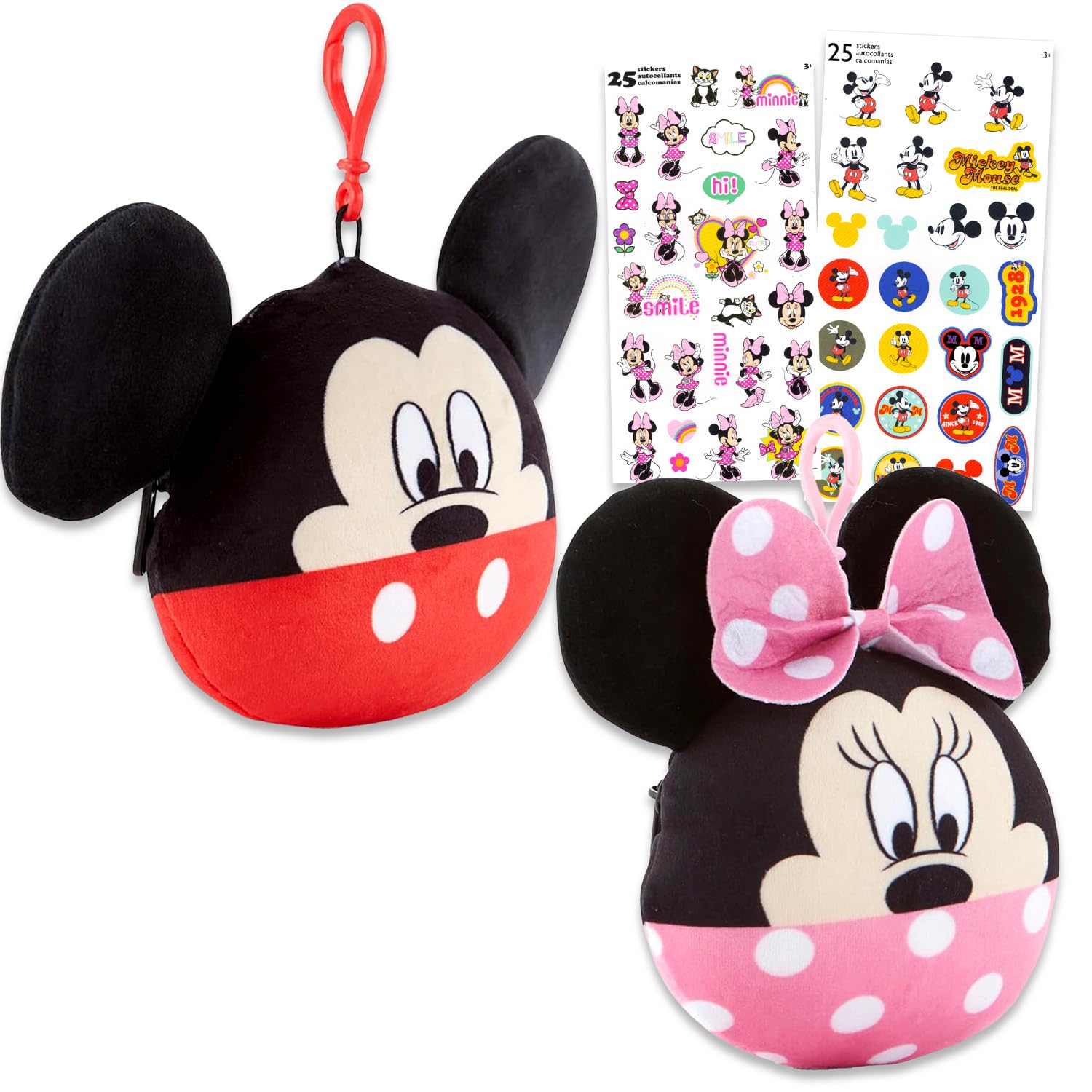DisneyMickey and Minnie Mouse Plush Keychain Set - Bundle with Mickey and Minnie Soft Zipper Pull Plushie for Kids with Tattoos, More | Mickey and Minnie Mouse Bag Clips Party Favor, Mickey and Minnie