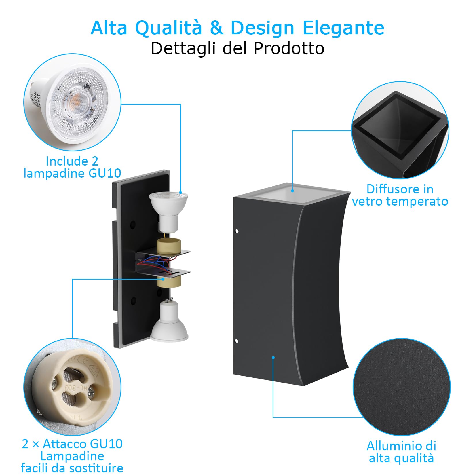 Klighten Applique Esterno/Interno GU10, LED Lampada da parete Alluminio Su Giù 10W bianco caldo 3000K, Applique da Esterni IP65 Moderna per soggiorno giardino corridoio cortile, Nero