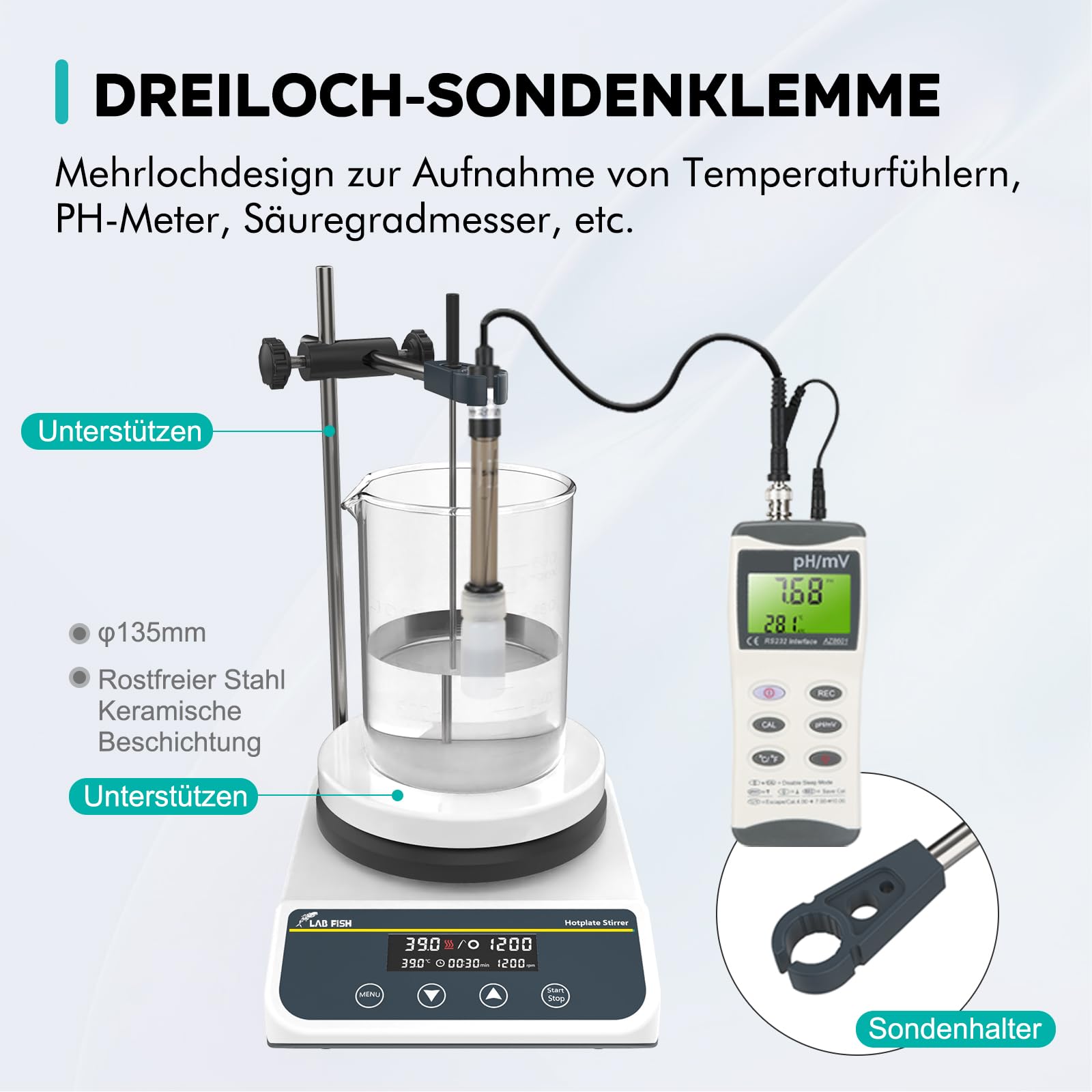LAB FISH Magnetrührer Heizplatte 310℃/ 590℉ 5 Zoll Keramik-Heizplate, Digitaler Magnetmixer mit Timer, 50-1500 U/min, 3L Kapazität, inkl. externer Temperatursonde & Rührfisch