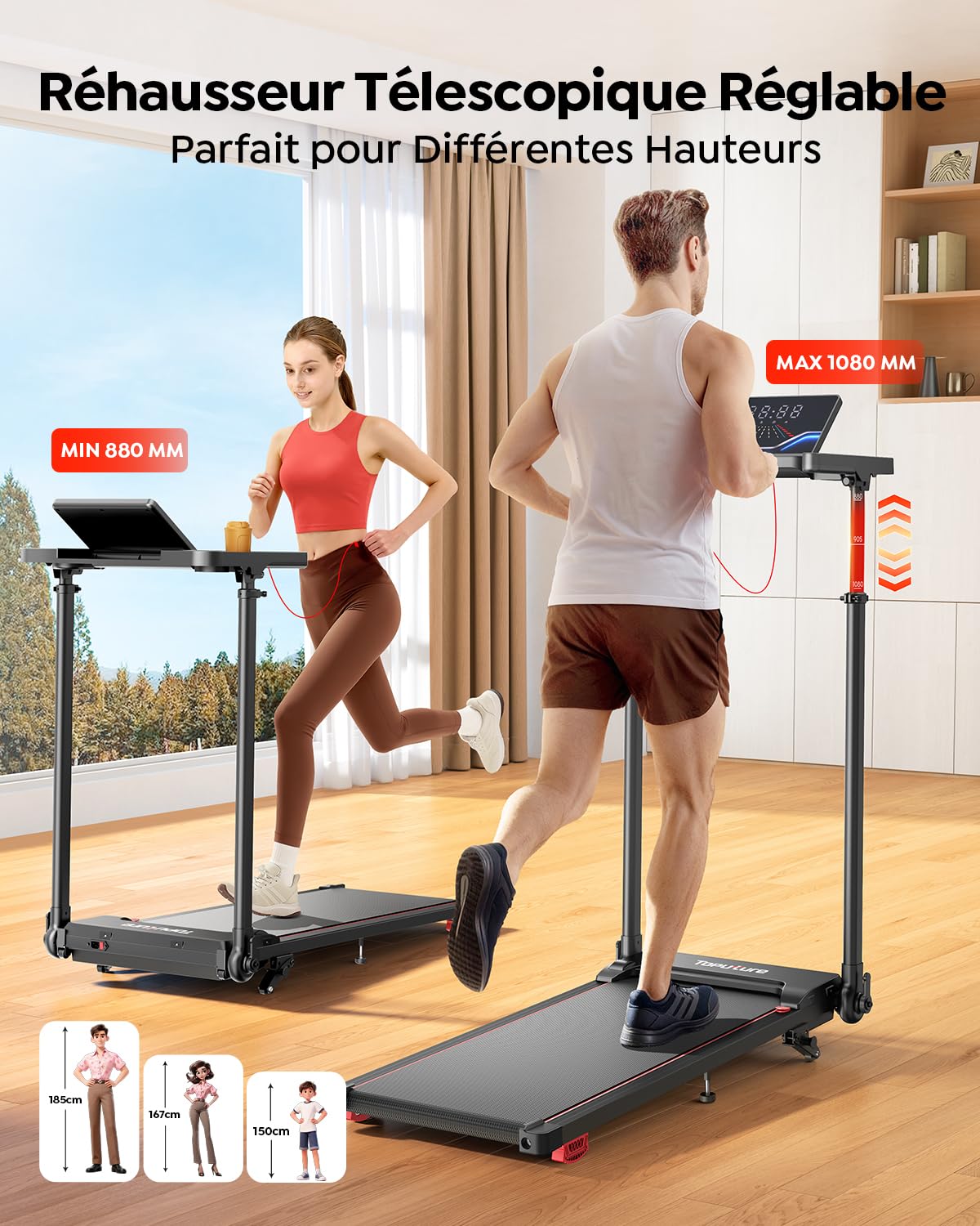 Tapis de Course 6 en 1, Pente 0%-5%-10%, Vitesse 12km/h, Hauteur de la Colonne Montante télescopique 80CM, Walking PadTapis de Marche, Tapis Roulant,2.5 HP, Compact et Portable，Adapté aux familles