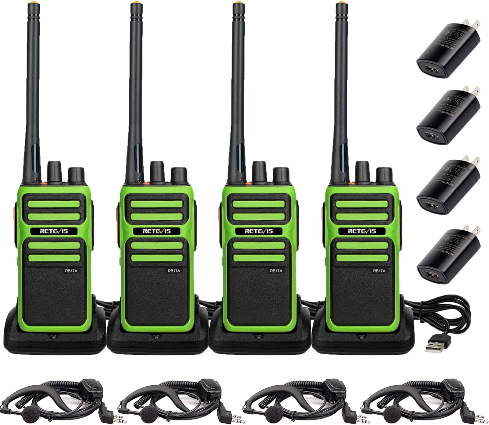 RB17A Two Way Radios Long Range,GMRS Repeater Capable,2200mAh, Emergency Preparedness,Walkie Talkie with Earpiece,2 Way Radio for Security,School,Hunt（4 Pack）