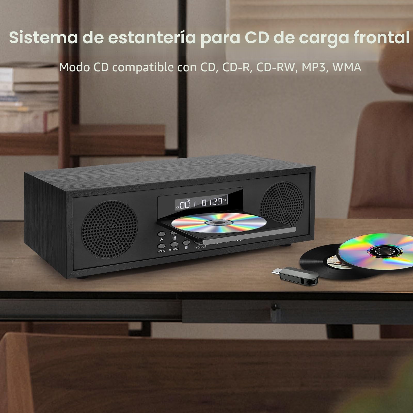 Microcadena CD con Bluetooth, Microsistema Compatible con CD MP3, Radio FM, Estéreo Hi-Fi con Entrada USB AUX, Sistema de Música Reproductor de CD con Salida de Audio, Toma de Auriculares (CD-169)