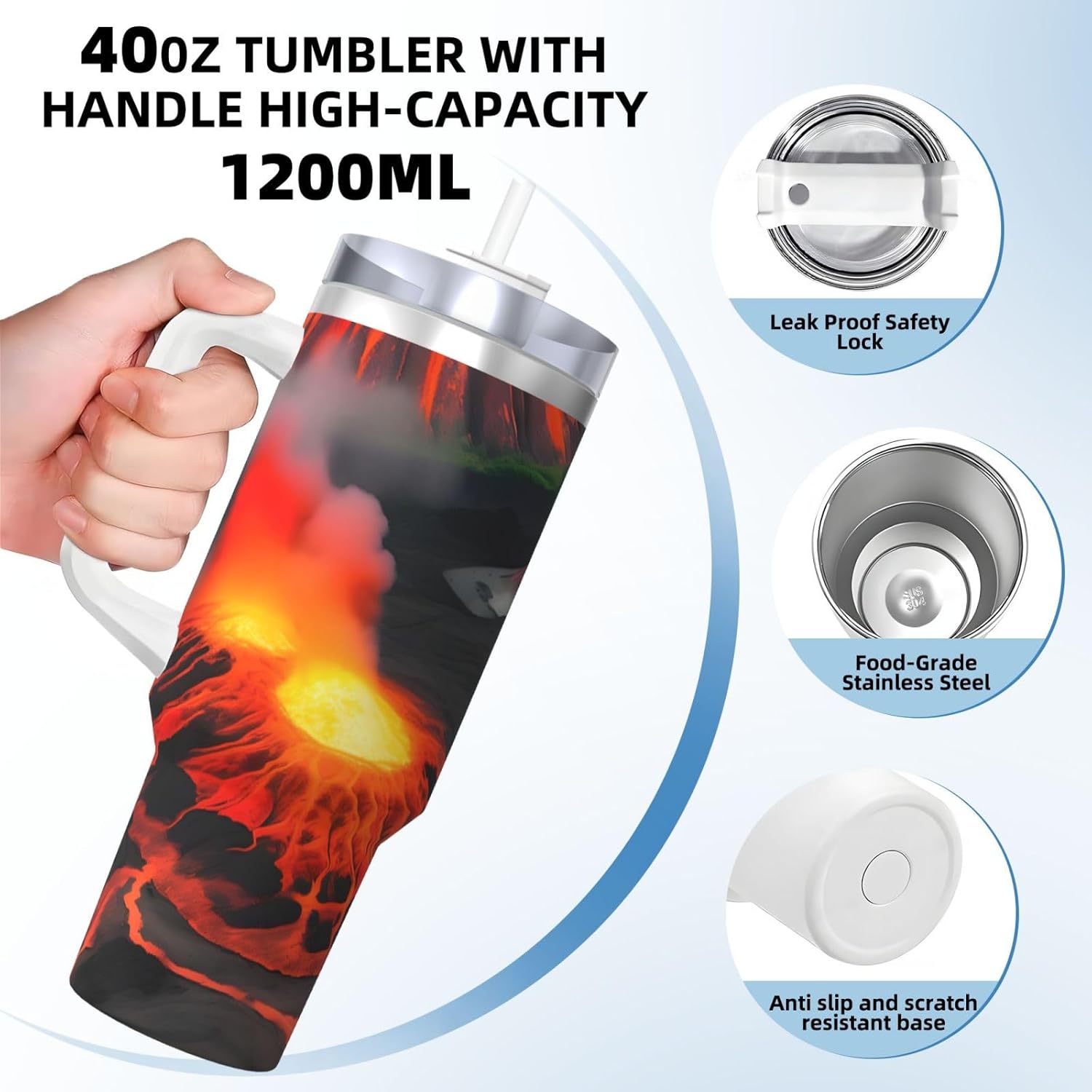 40 OZ Kilauea Volcanos Print Ice Bully Cup with Handle Straw Lid Straw,Stainless Steel Tumbler Coffee Cup