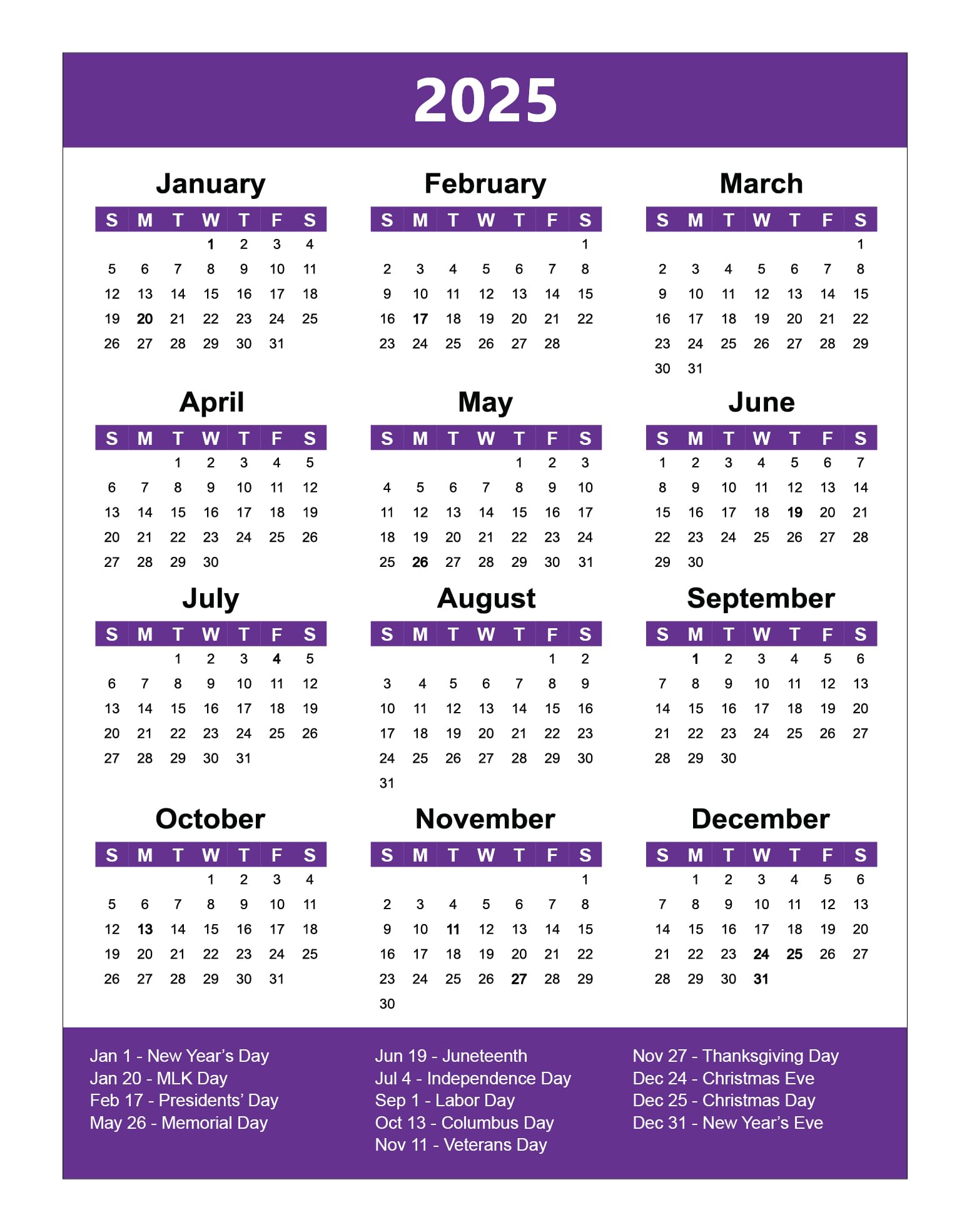 2025 Full Yearly Calendar Magnet by DCM Solutions (Purple, 4.5"W x 6"H)