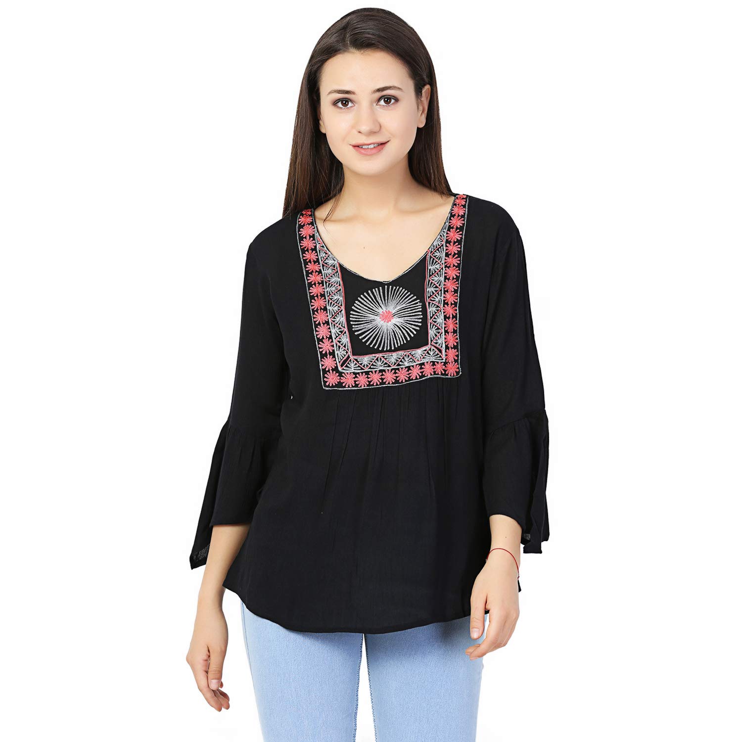 forelevy Women's Embroidered Rayon Crepe Short Top (Black,)-picture-45