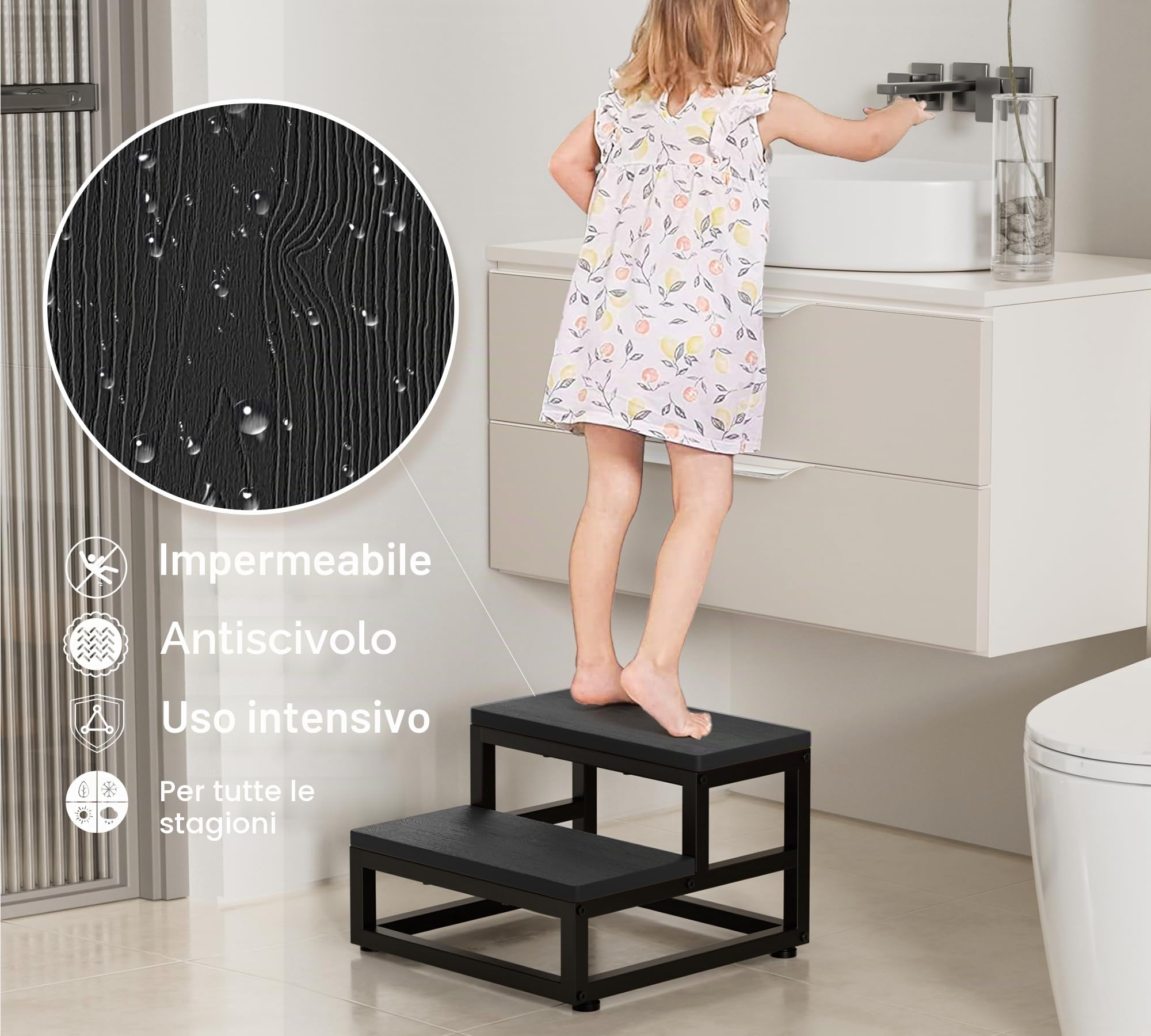 Sgabello a 2 gradini resistente per adulti e bambini, poggiapiedi impermeabile in HDPE con piedini antiscivolo regolabili e bordi arrotondati, utilizzabile in tutte le condizioni atmosferiche, per