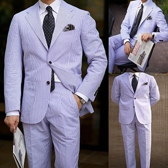 Wangyue Seersucker Suits Mens 2 Piece Tuxedo for Man Casual Summer Beach Party Suit Lightweight Seersuckers Blazer Pants