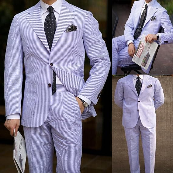 Wangyue Seersucker Suits Mens 2 Piece Tuxedo for Man Casual Summer Beach Party Suit Lightweight Seersuckers Blazer Pants