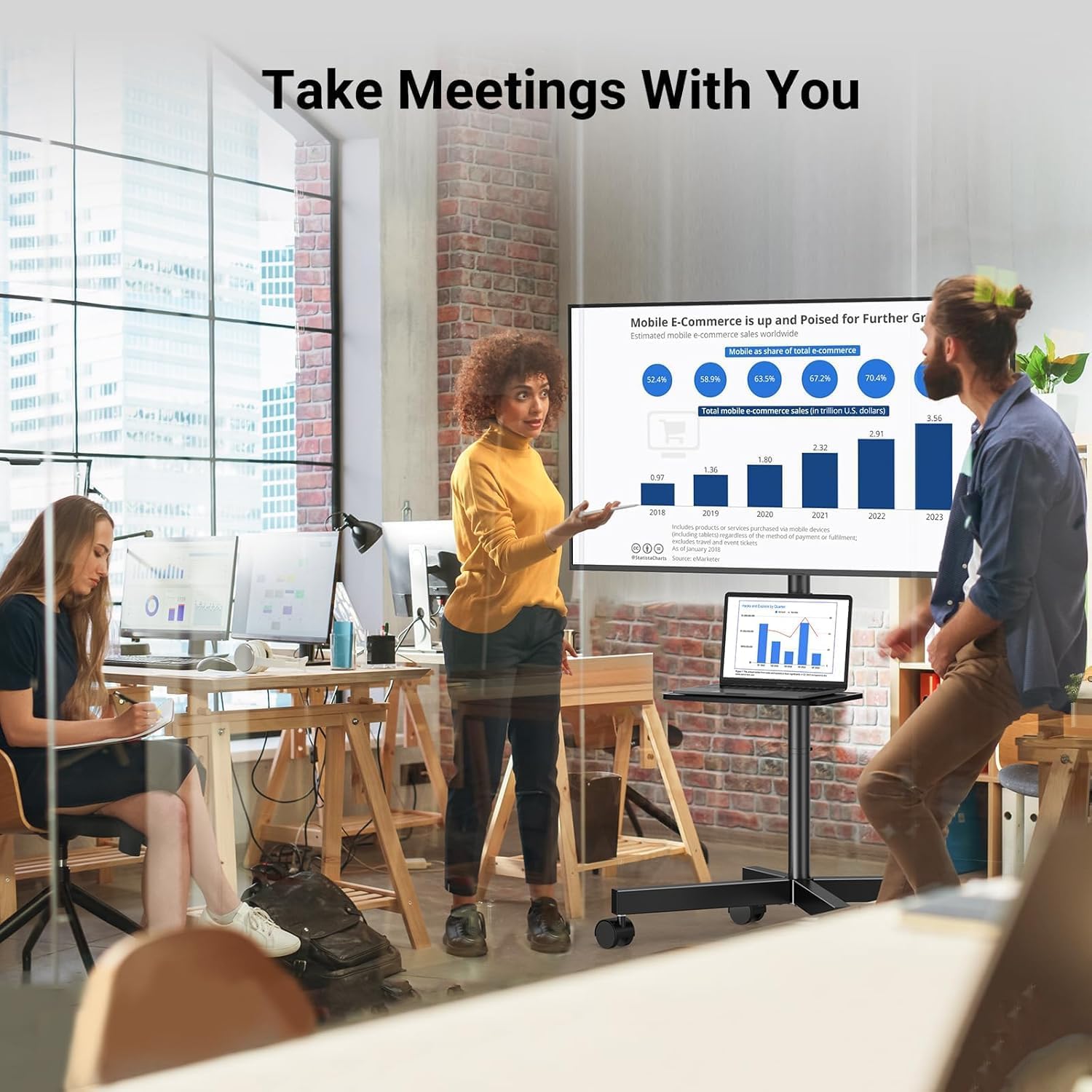 PERLESMITH Rolling TV Stand, Mobile TV Stand for 23-60 Inch LCD LED TVs, Tilt TV Stand Wheels Holds up to 88Lbs, Portable TV Stand for Bedroom with Shelf, Outdoor TV Stand Max VESA 400x400mm PSTVMC06