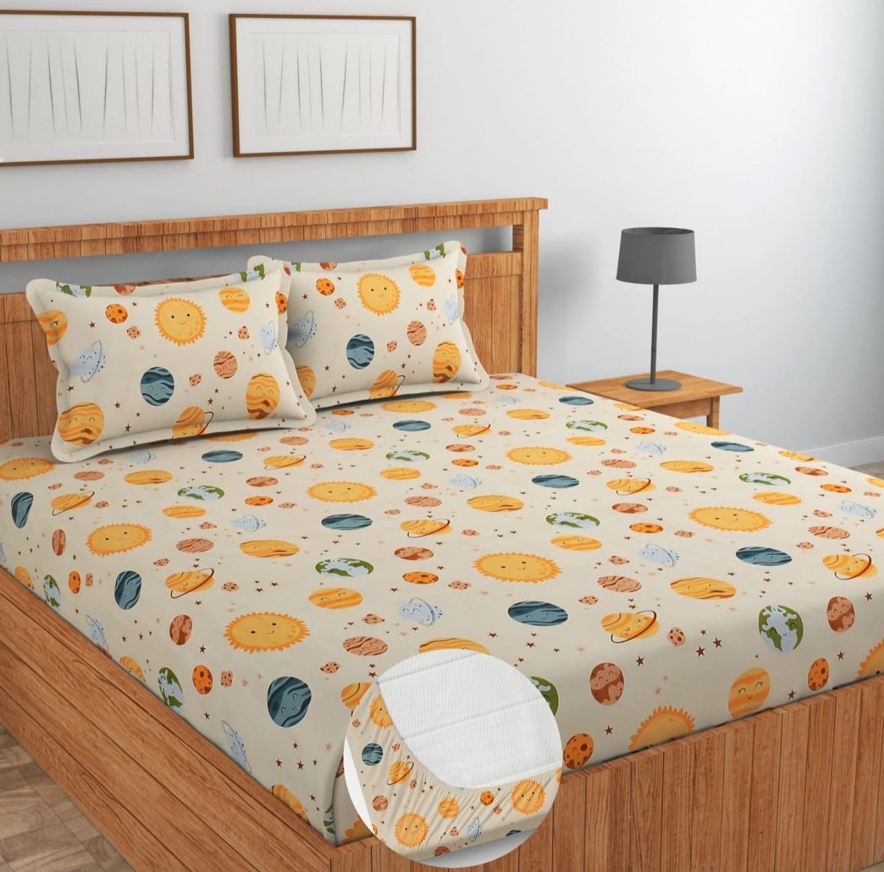 NEW LEAF Cotton Fitted King Size Double Bedsheets with 2 Pillow Covers | Elastic Fitted | Wrinklefree | Ultrasoft |All Season Bedsheet 220 tc tc Floral | 78 x 72+8 Inches, Beige Cream