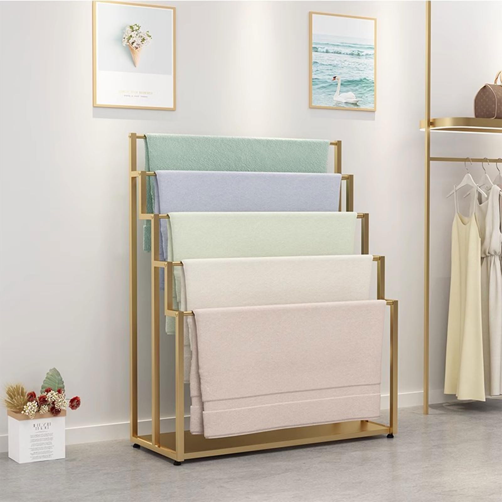 Scaffale per campioni di tende in metallo commerciale, telaio in acciaio con ruote, porta carte colorate per tessuti, finitura dorata, 80 cm, perfetto per showroom.