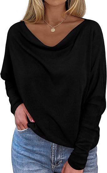 Okiwam Women's Fall Tops Long Batwing Sleeve Shirts Boat Neck Off The Shoulder Loose Tunic Blouses 2025 Fashion Clothes
