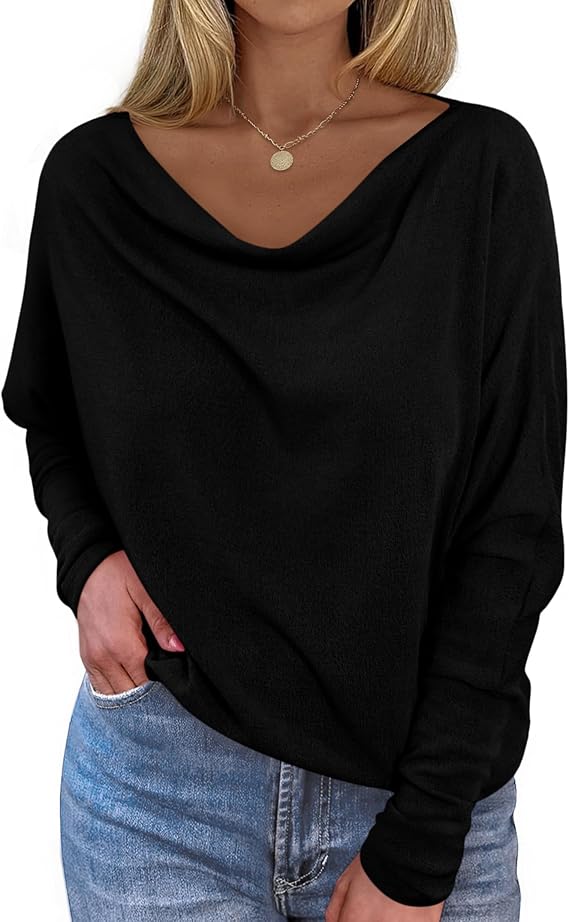Okiwam Women's Fall Tops Long Batwing Sleeve Shirts Boat Neck Off The Shoulder Loose Tunic Blouses 2025 Fashion Clothes