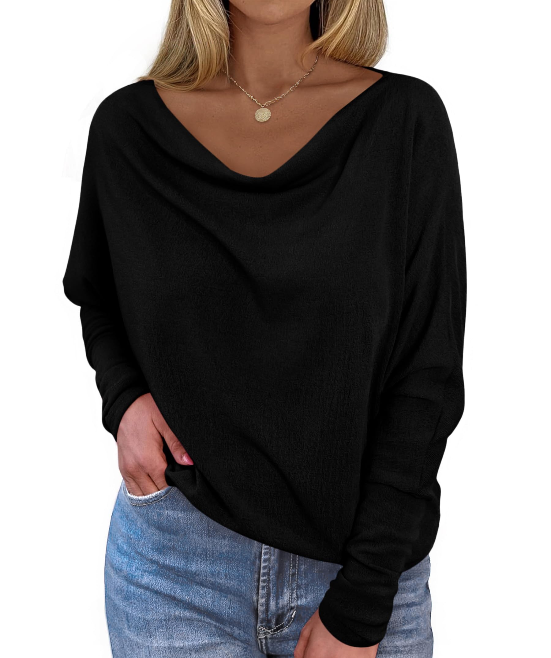 Women's Fall Tops Cowl Neck Long Batwing Sleeve Shirts Oversized Tunic Dressy Casual Blouses 2026 Fashion Clothes