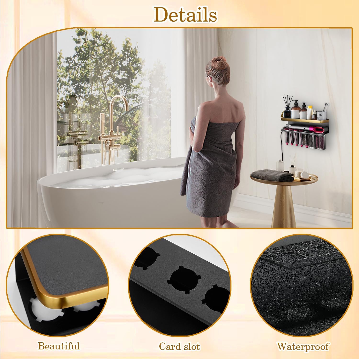 Glätteisenhalter Kompatibel mit Dyson Airwrap Wandhalterung Aufbewahrungsregal für Lockenstab Aufsätze und Komplett-Styler (Gold/Schwarz, mit Luftkissen-Kamm)