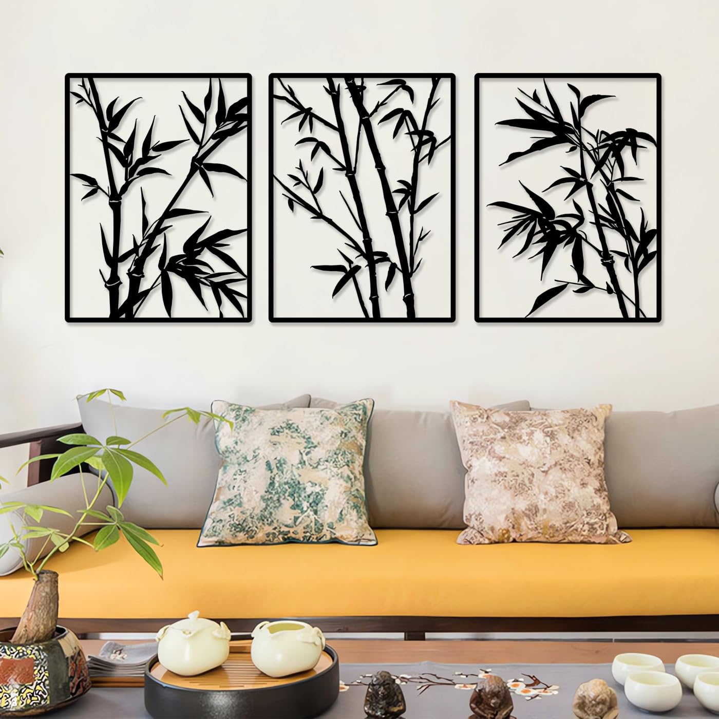 Pduoduo Decoración de pared de bambú grande, arte de pared de metal, letrero colgante de árbol, escultura de bambú para decoración de pared, paquete de 3 (total 127 x 56 cm)